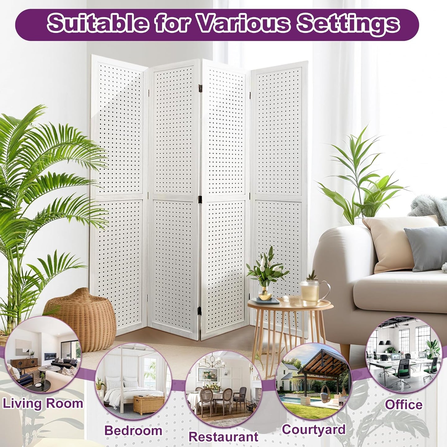 2 Pack Room Divider, 5.6FT Folding Room Divider Panel, 4 Panel Pegboard Display Wood Partition Wall Divider for Room Separation& Craft Shows, White