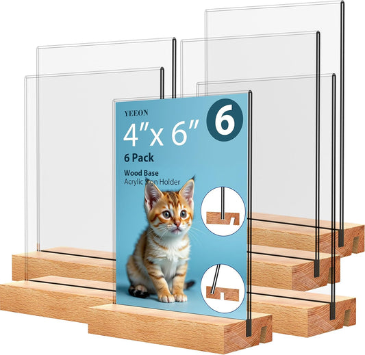 Acrylic Sign Holder with Wooden Base, Desktop Display Stand (4x6 6Pack)
