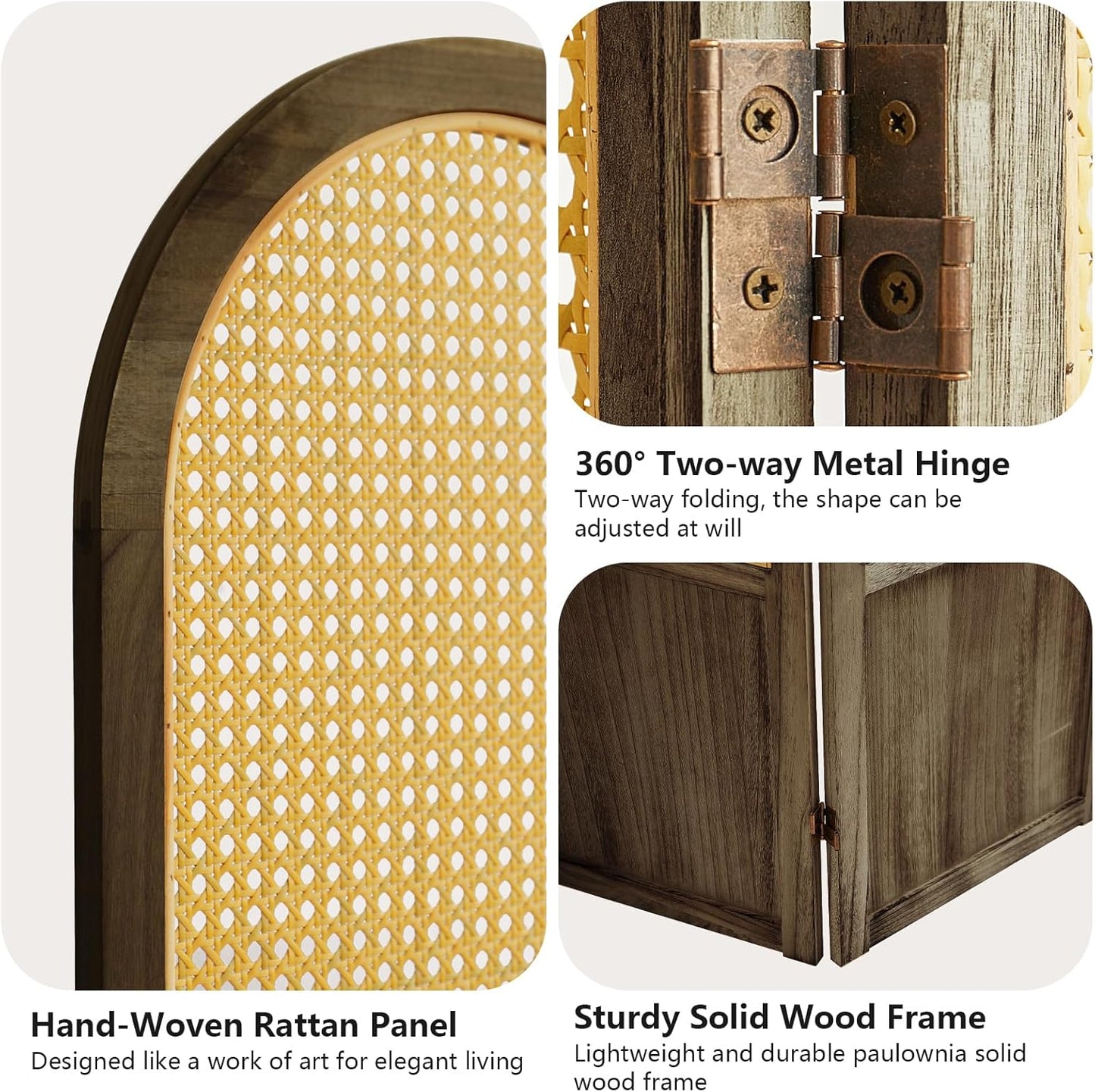 4 Panel Room Divider and Folding Privacy Screen, 5.6 Ft Foldable Double Hinged Rattan Partition, Hand-Woven Rattan Room Divider Portable Wood Freestanding Wall Divider for Room Separation - Brown