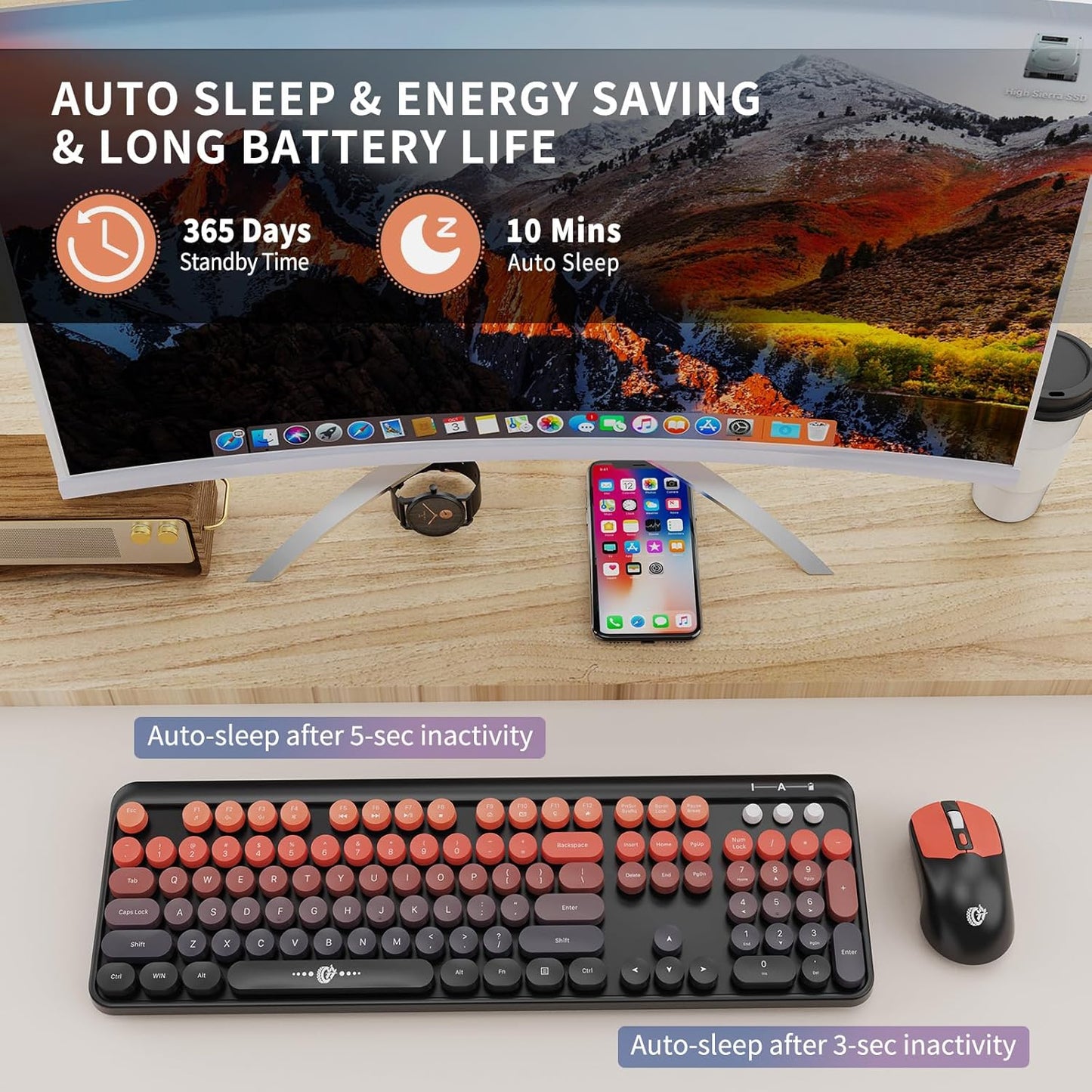 Wireless Keyboard and Mouse Combo, 2.4 GHz Full-Sized Typewriter Keyboard and Mouse Wireless with Round Keycaps for Windows, Computer, Desktop, PC, Laptop (Black Orange)
