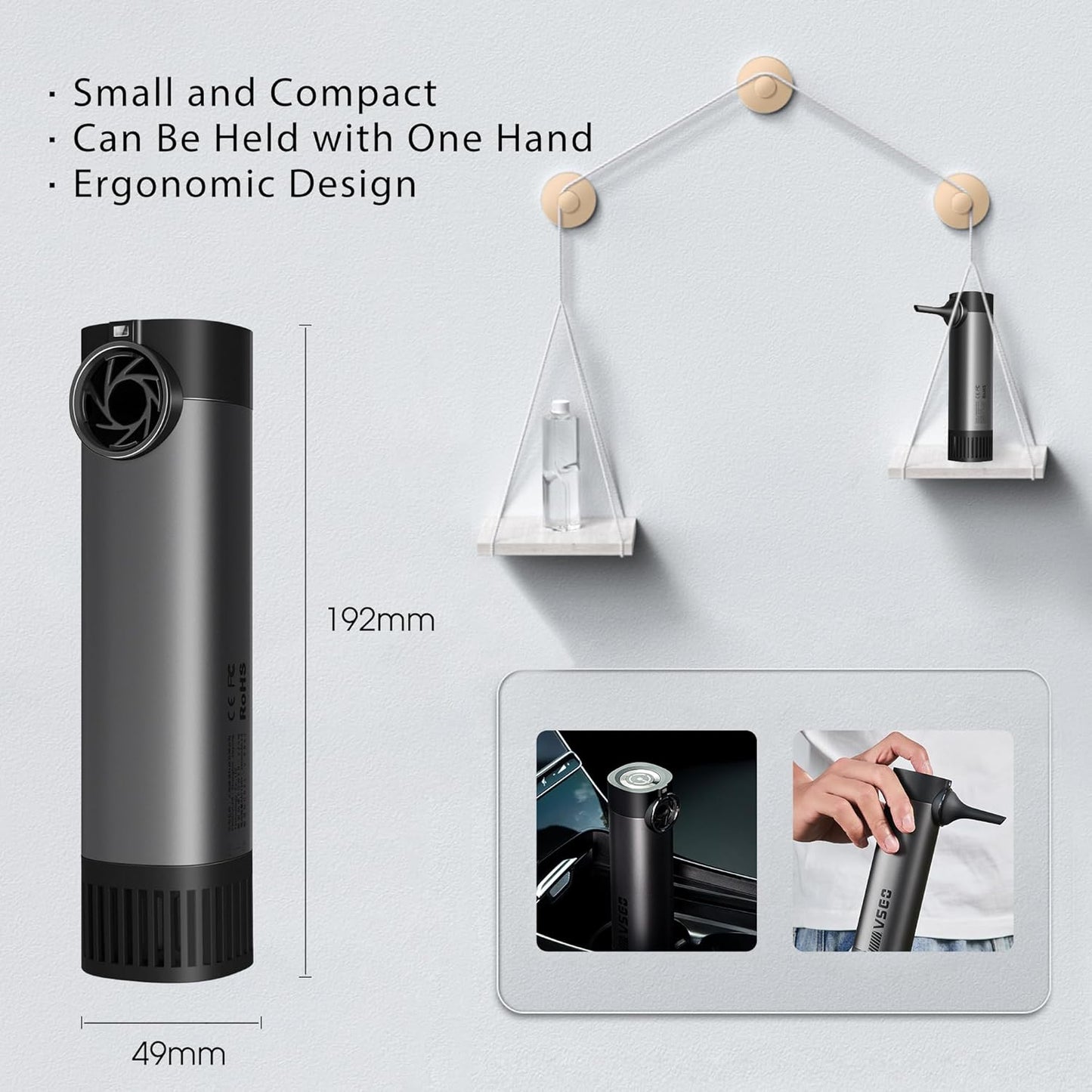 VSGO Electric Compressed Air Duster, Portable Cordless Handheld Air Blower with Led Light,10000mah Quick-Fill Inflator with 3nozzles Compatible for Gaps, Computer, Keyboard