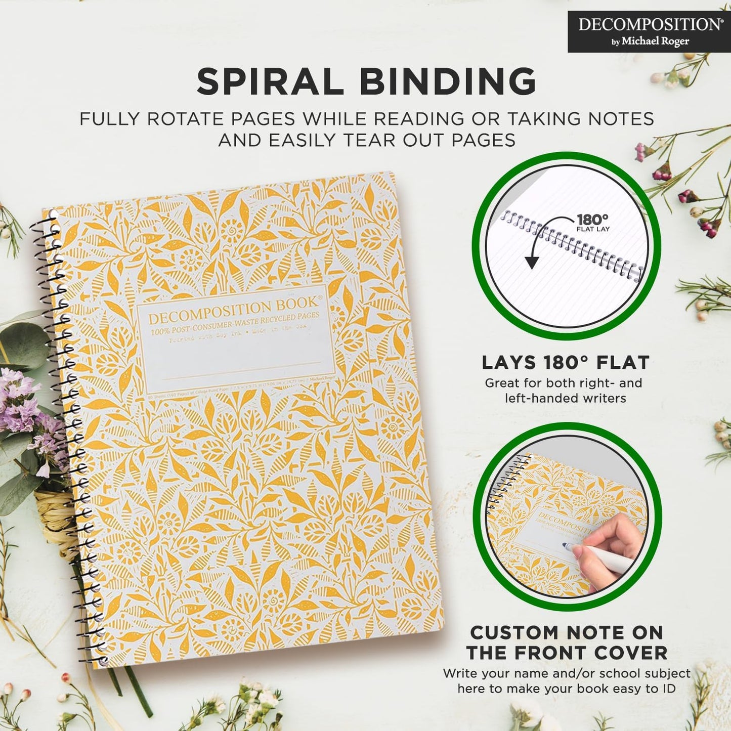 Decomposition 3-Pack Floral Harmony College Ruled Spiral Notebook - 9.75 x 7.5 Journal with 160 Lined Pages - 100% Recycled Paper - Cute Notebooks for School Supplies, Home & Office - Made in USA
