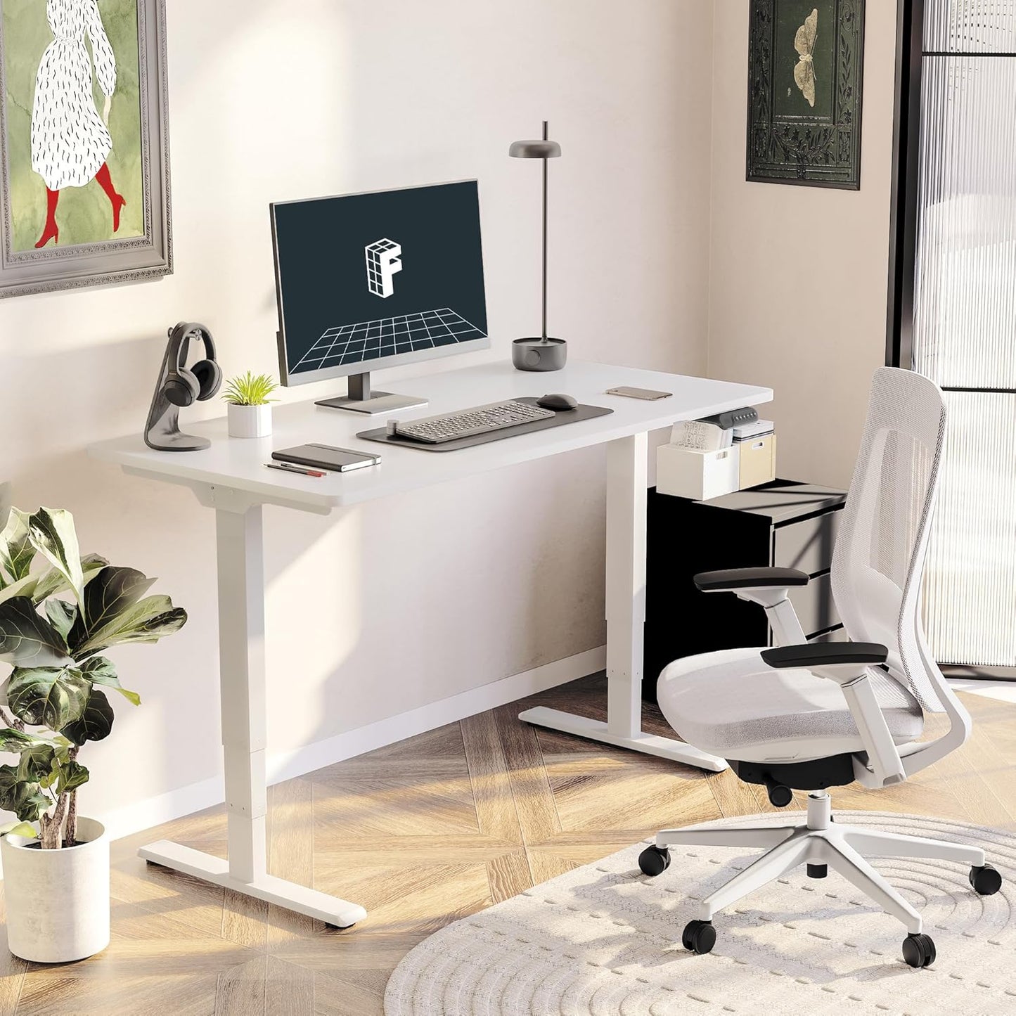 FLEXISPOT E6 Essential Standing Desk 3 Stages Dual Motor Electric 60x24 Inch Whole-Piece Board Height Adjustable Electric Sit Stand Desk(White Frame + White Desktop, 2 Packages)