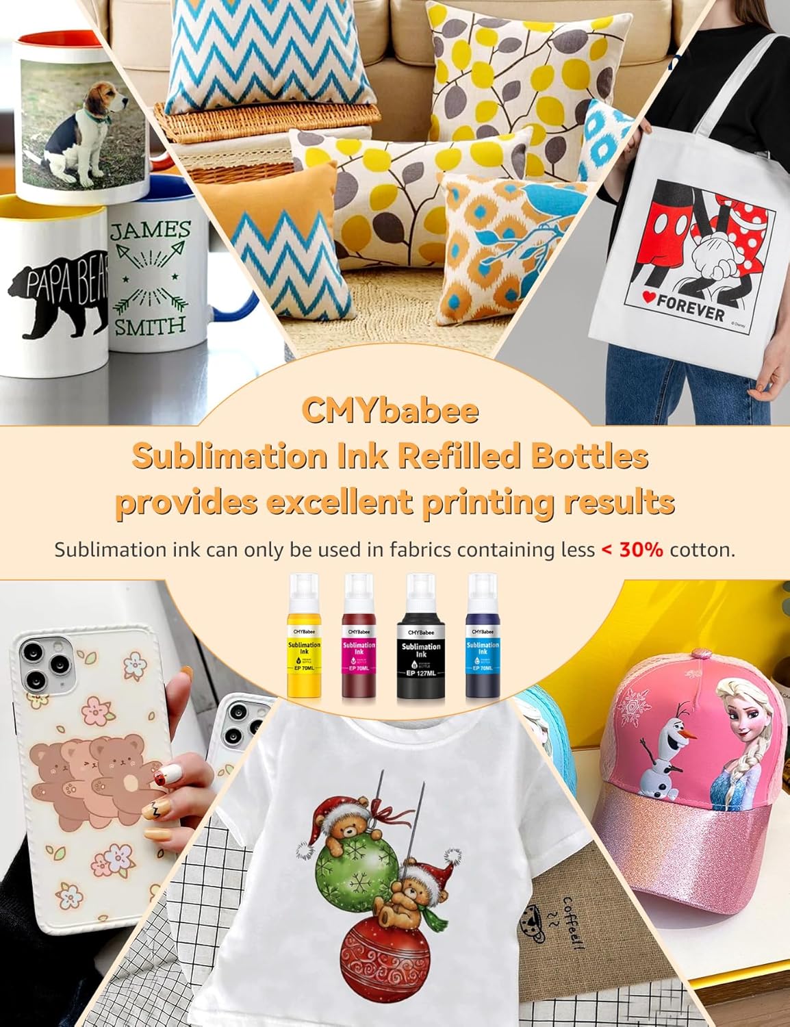 CMYBabee Sublimation Ink Refill Bottles Compatible for Epson Printers ET2800 ET15000 ET8550 ET2400 ET4800 ET2850 ET2803 ET3830 ET3850 ET4850 Heat Press Transfer on Mugs T-Shirts(4 Pack)