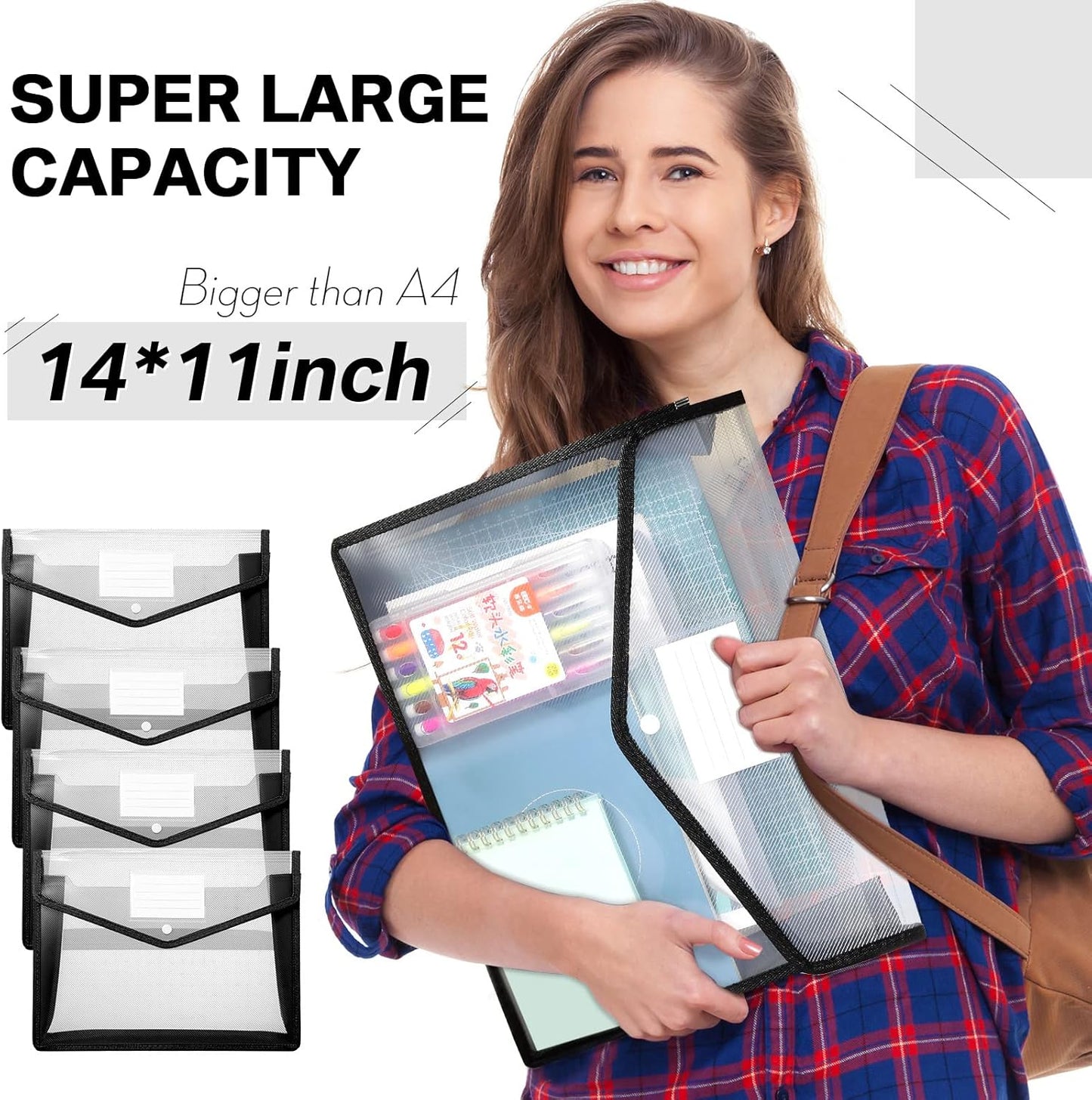 10 Pieces Plastic File Folders Envelope Expanding File Wallet Organizer Documents Folder with Snap Closure and Pocket B4 Waterproof Transparent Pouch for School Office(Black,Horizontal)