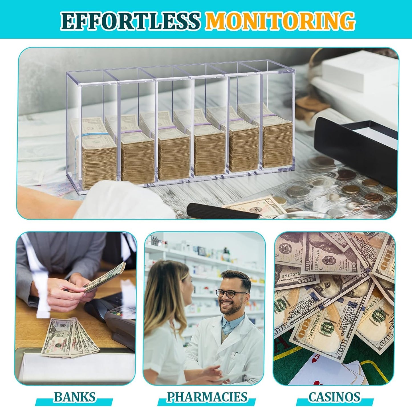 Leinuosen 25" x 12" x 7" Extra Large Clear Currency Tray with 6 Pocket Acrylic Cash Organizer Money Bill Storage Box for Bank Casinos Pharmacies