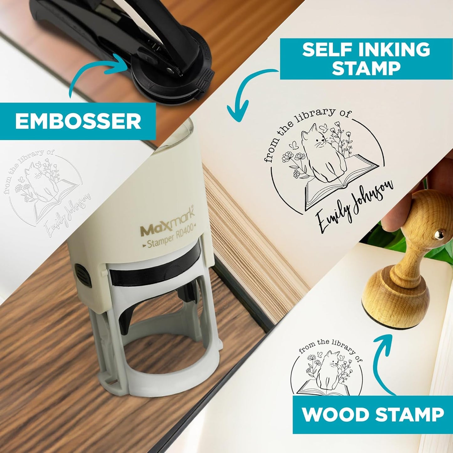 Custom Library Embosser - Style 103 - Embosser, Wood Stamp or Self Inking Stamp - Book Embosser Includes 50 Gold Seals - Custom Stamp Seal from The Library of