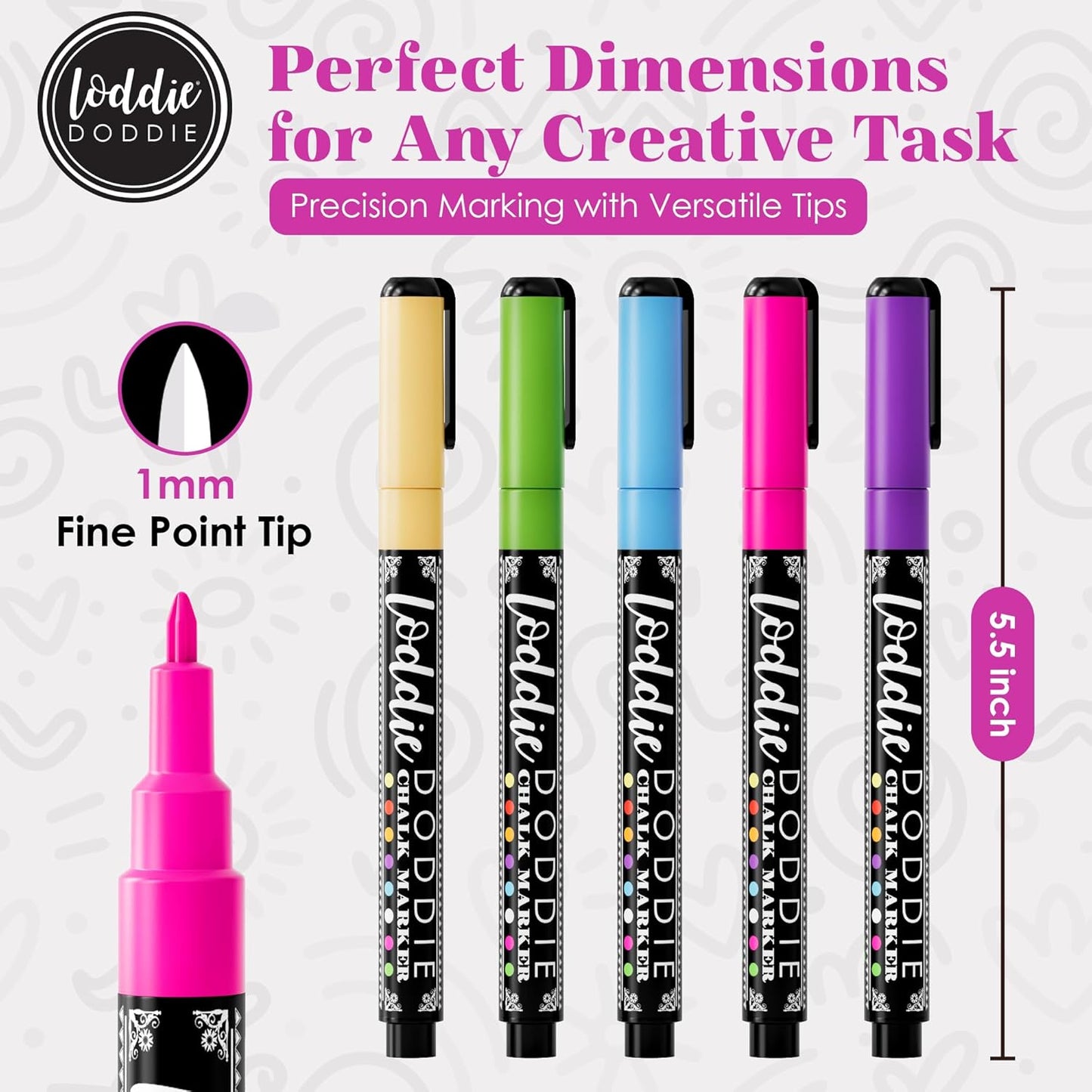 Loddie Doddie Liquid Chalk Markers - Pack of 24 Dust Free, 1mm Fine Tip, Erasable Ink for Blackboard, Windows and Glass - Chalkboard Markers