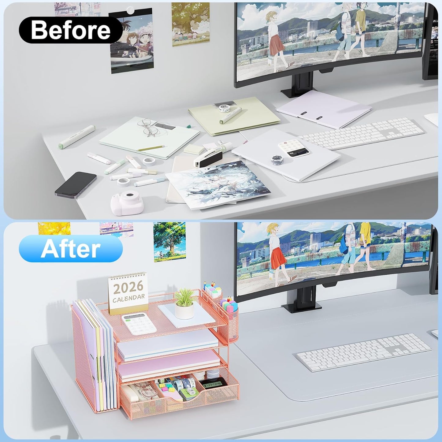 gianotter Desk Organizers and Accessories with File Holder, 4-Tier Desk Accessories & Workspace Organizers with Drawer and 2 Pen Holder, Paper Organizer for Office Supplies (Rose Gold)