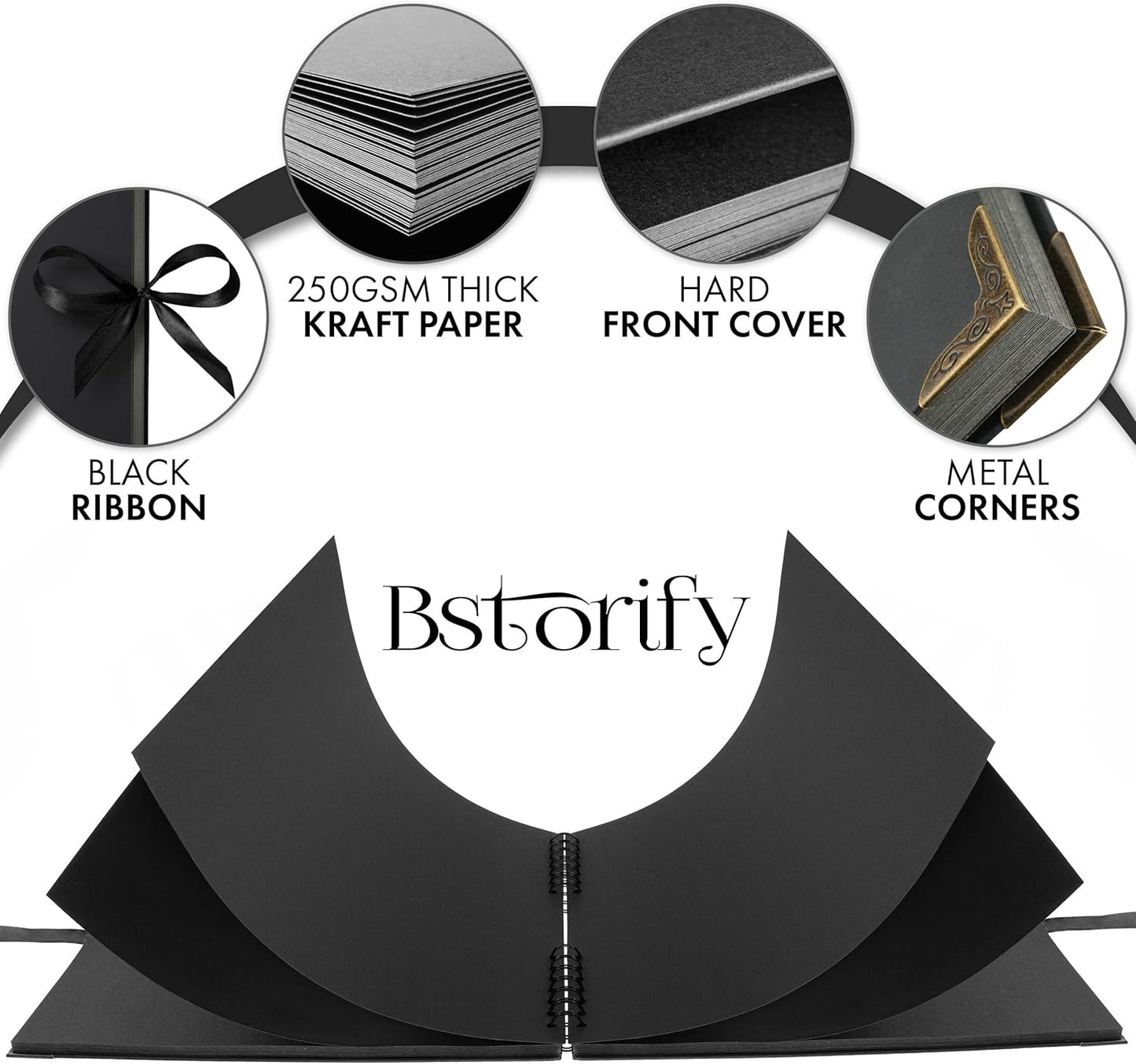 Bstorify Square Large Black Scrapbook Photo Albums 80 Pages (11 x 11 inch) Thick Kraft Paper Scrap Book, Memory Book, Ribbon Closure - Ideal for Your Scrapbooking, Art & Craft Projects