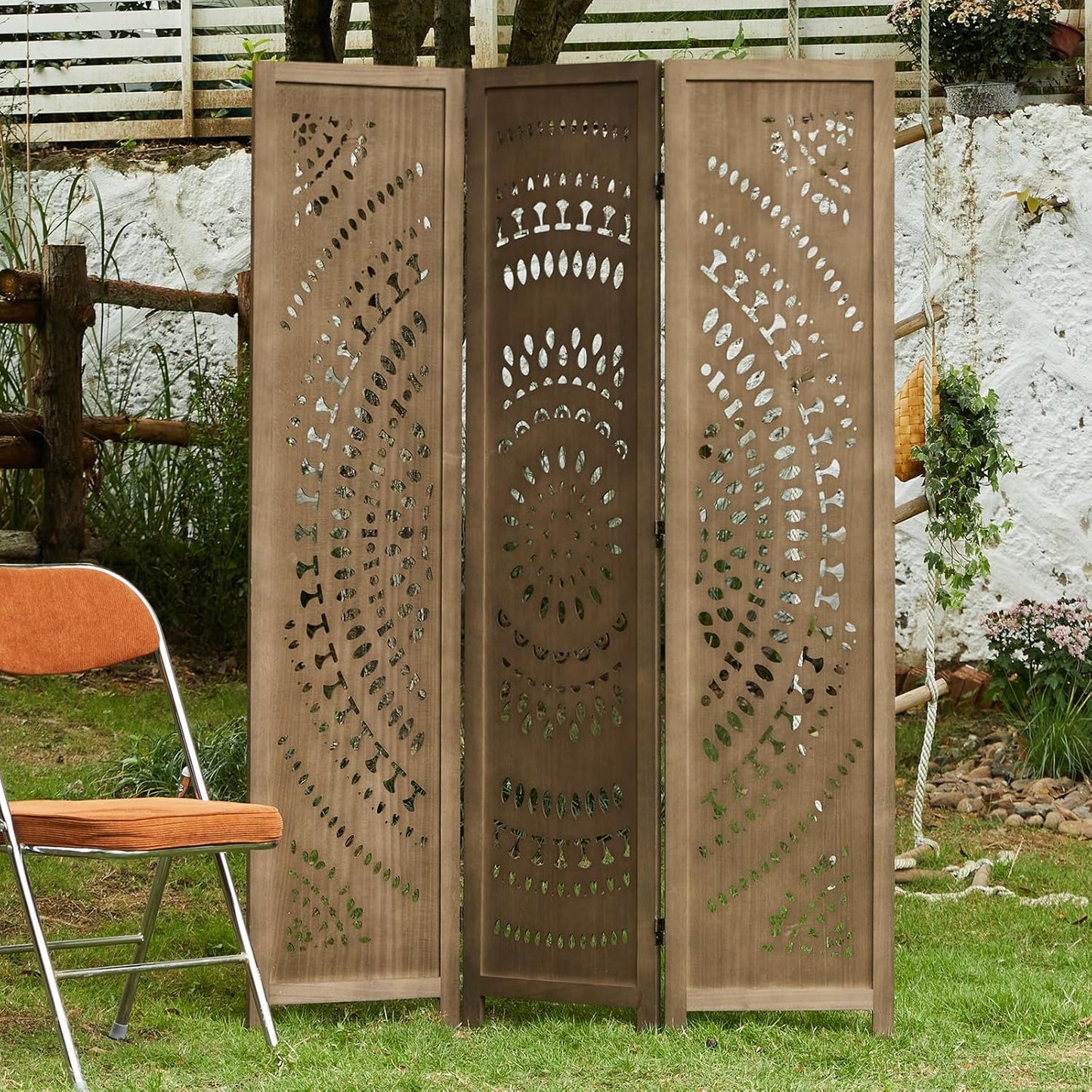 66.9Inch Folding Room Divider, 3 Panels Wood Carved Privacy Screens, Free Assembled Freestanding Partition for Home Office Restaurant Bedroom (Brown)