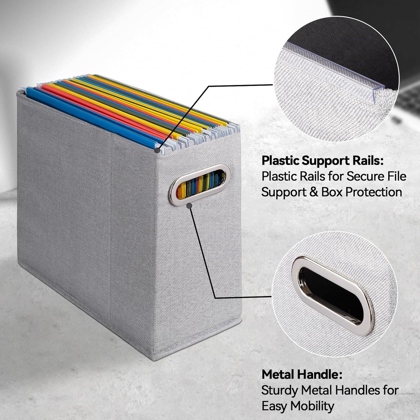 4 Packs Letter Size File Organizer, File Folders Organizer, Fabric Storage Box, Collapsible Paper Organizer with Metal Handle, Smooth PVC Rails, Only Box (Light Gray)