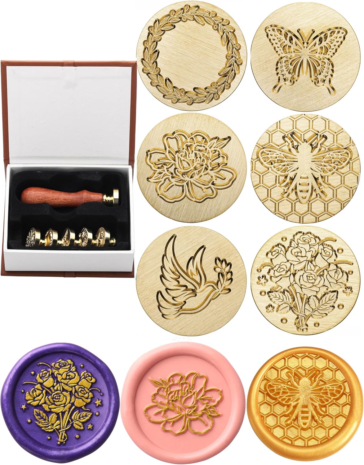 Yoption Wax Seal Stamp Gift Box Kit, 6 Pieces Flowers and Animals Sealing Wax Stamp Heads with 1 Wooden Hilt Set for Wedding Invitation Envelopes Card Gift (Natural Series)