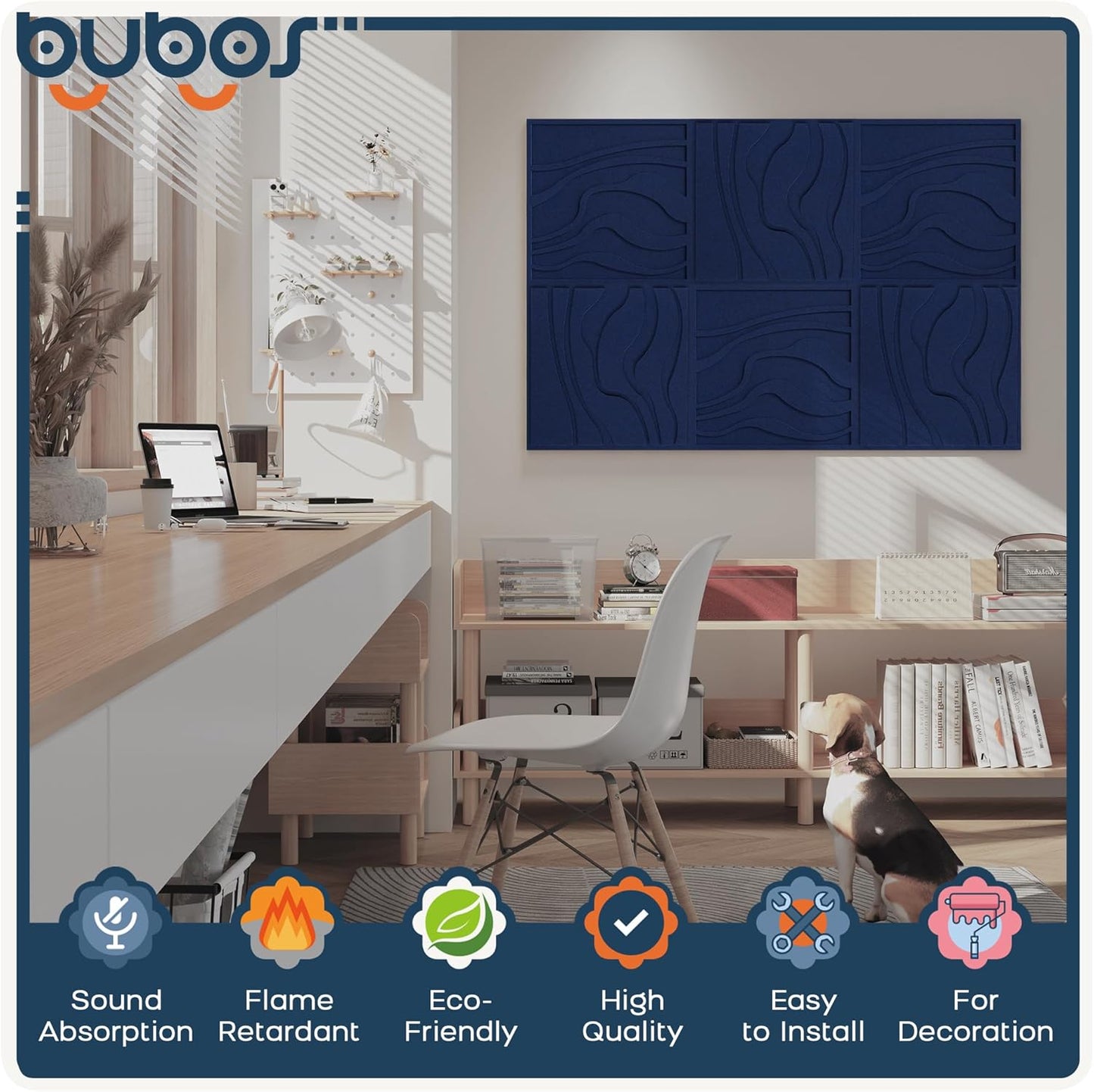 BUBOS Large Acoustic Panels, 6-Pack Soundproof Wall Panels Thickened 23.6 x 23.6 Inches, Self-Adhesive Sound Absorbing Panels Decorative for Recording Studio Office Home Theater, Navy Blue