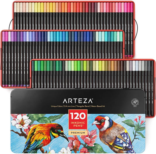 ARTEZA Inkonic Fineliners Pens, Set of 120, 0.4 mm Fine Tip Markers, Water-Based Art Pens for Drawing, Sketching, Journaling, Calligraphy