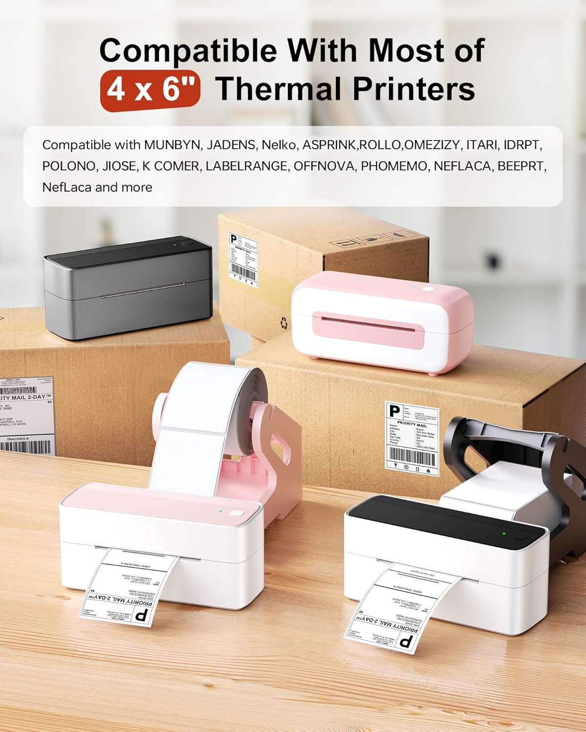 Phomemo 4x6 Shipping Labels, 500 PCS Fan-Fold Thermal Labels, Compatible with MUNBYN,JADENS,Nelko,Phomemo 241bt,243BT, D450BT,D520BT,2411BT Label Printer,Water/Oilproof Label Stickers for Address Mail