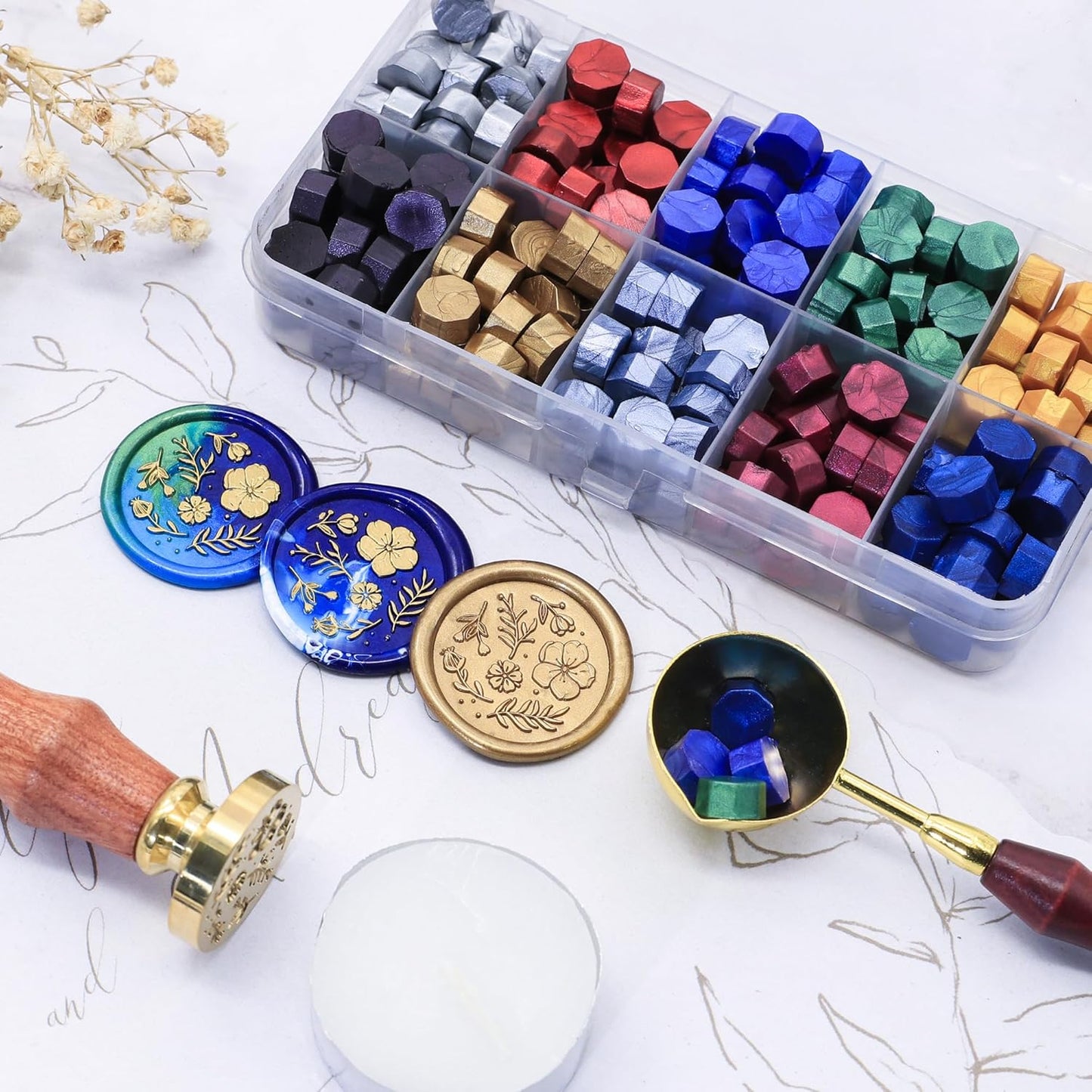 SWANGSA Floral Wax Seal Stamp Kit with 200pcs Sealing Wax Beads, Great for Embellishment of Invitations, Wine Packages, Gift Ideas