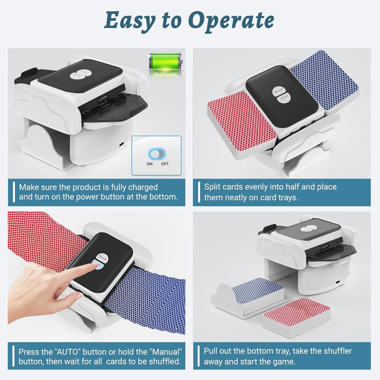 Automatic Card Shuffler 2 Deck, Rechargeable Playing Cards Shuffling Machine with One-Press AUTO&Manual Mode, Electric Poker Shufflers for UNO, Skip-Bo, Phase 10, Home Party Card Games