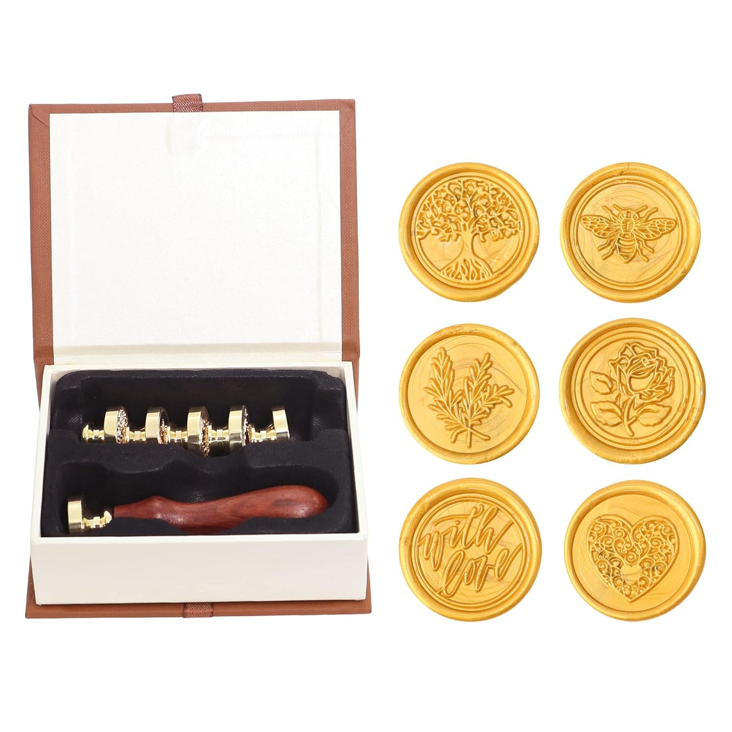 SWANGSA Wax Seal Stamp Set, Vintage 6 Pieces Sealing Wax Stamp Heads and 1 Wooden Handle for Weeding Invitations, Letters, Envelopes, Christmas (Tree of Life Set)