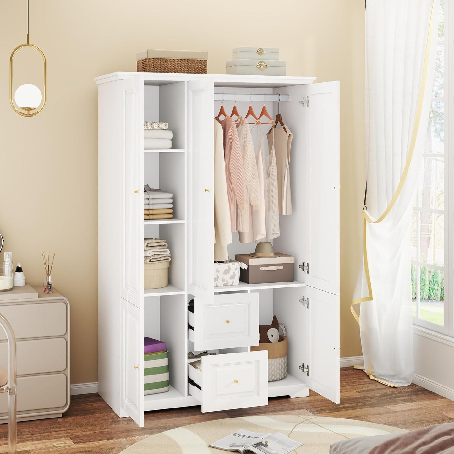 White Armoire Wardrobe Closet with Drawers: Wardrobe Closet for Hanging Clothes, Modern Bedroom Armoires with Hanging Rod, Wardrobes Closets with Doors and Shelves (White, 47")