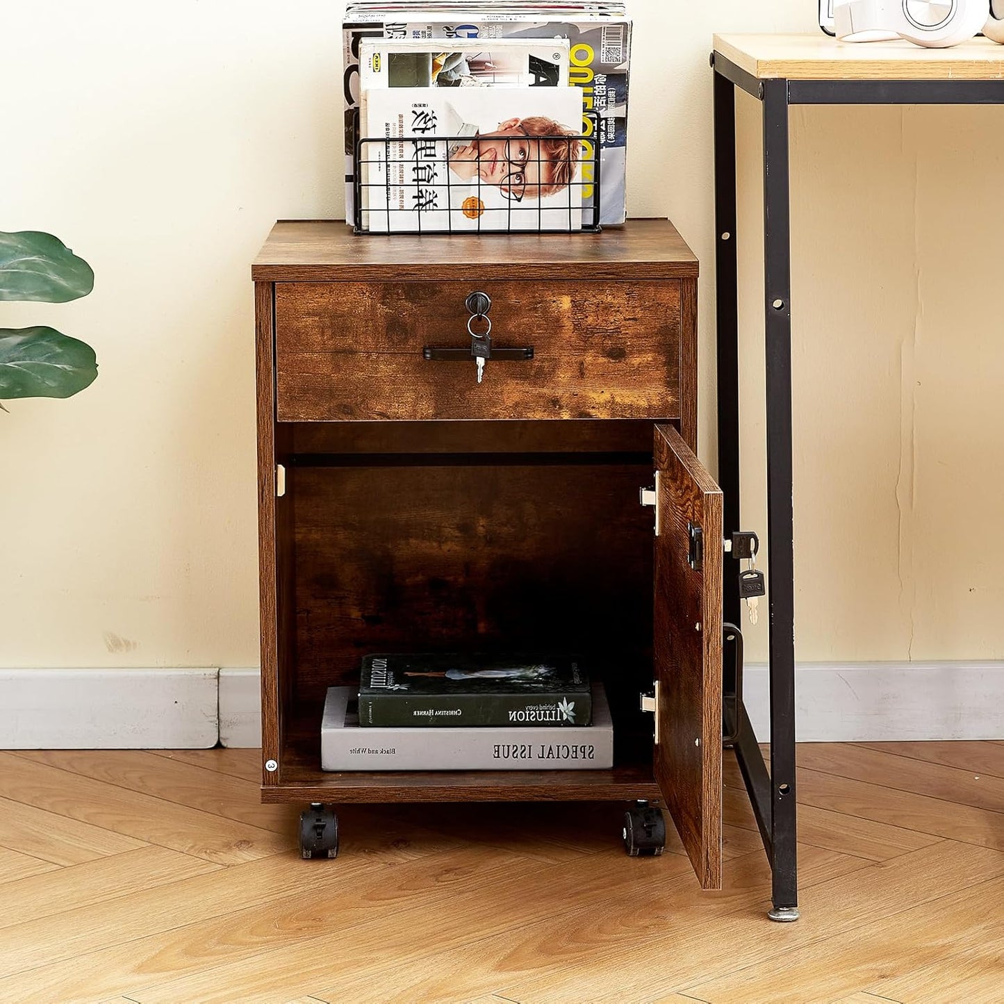 TUKAILAi Mobile File Cabinet with Lockable Drawer & Door, Under Desk Rolling Filing Cabinet with 4 Wheels, Wooden Stationery Storage Cabinet for Home Office (Rustic Brown)