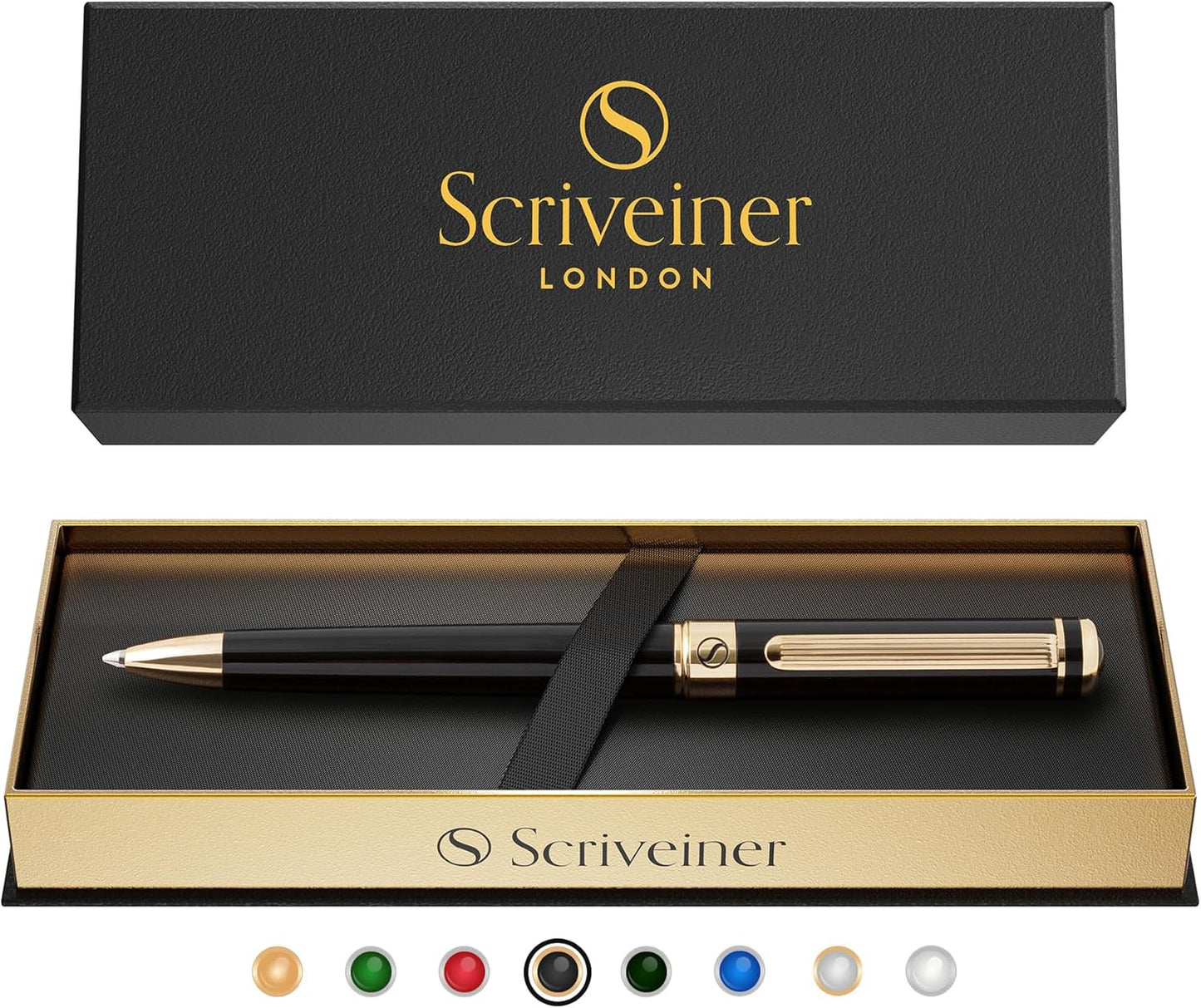 Scriveiner Black Lacquer Ballpoint Pen -Stunning Luxury Pen, Real Gold Plating, Schmidt Black Refill, Best Gift Set for Men & Women, Professional Executive Office, Nice Fancy Designer Pens