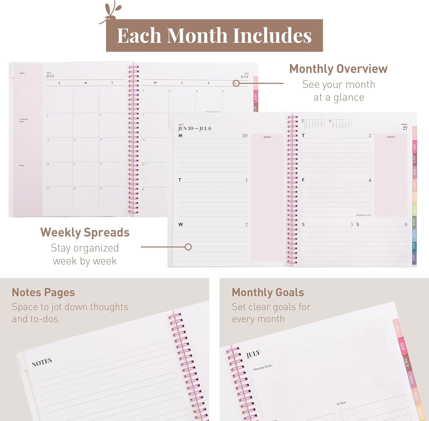 Rileys Academic Planner 2025-2026, Daily, Weekly & Monthly Planner, July 2025 - June 2026, Student Notes Pages, Twin-Wire Binding, Weekly Agenda for School & Work (8.5 x 11-Inches, Pink)