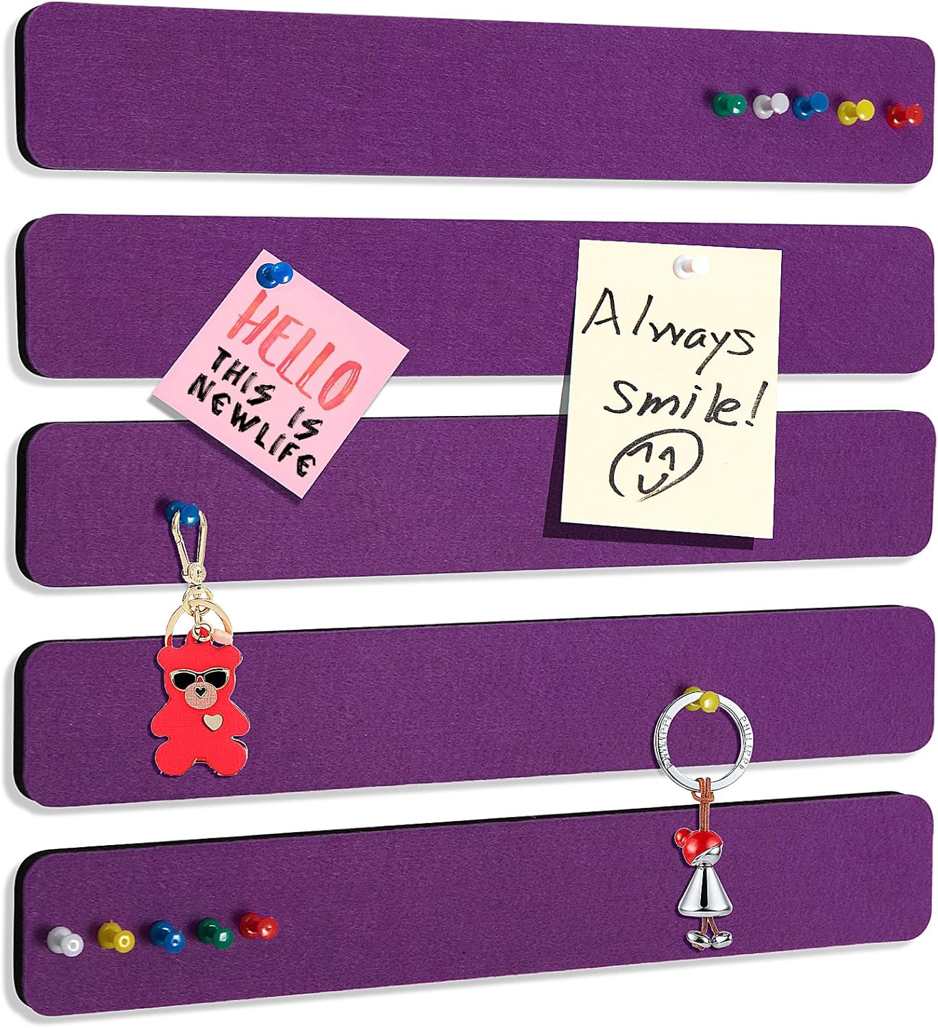 Felt Pin Board Bar Strips Bulletin Board for Bedrooms Offices Home Wall Decoration, Notice Board Self Adhesive Cork Board with 35 Push Pins for Paste Notes, Photos, Schedules (Purple)