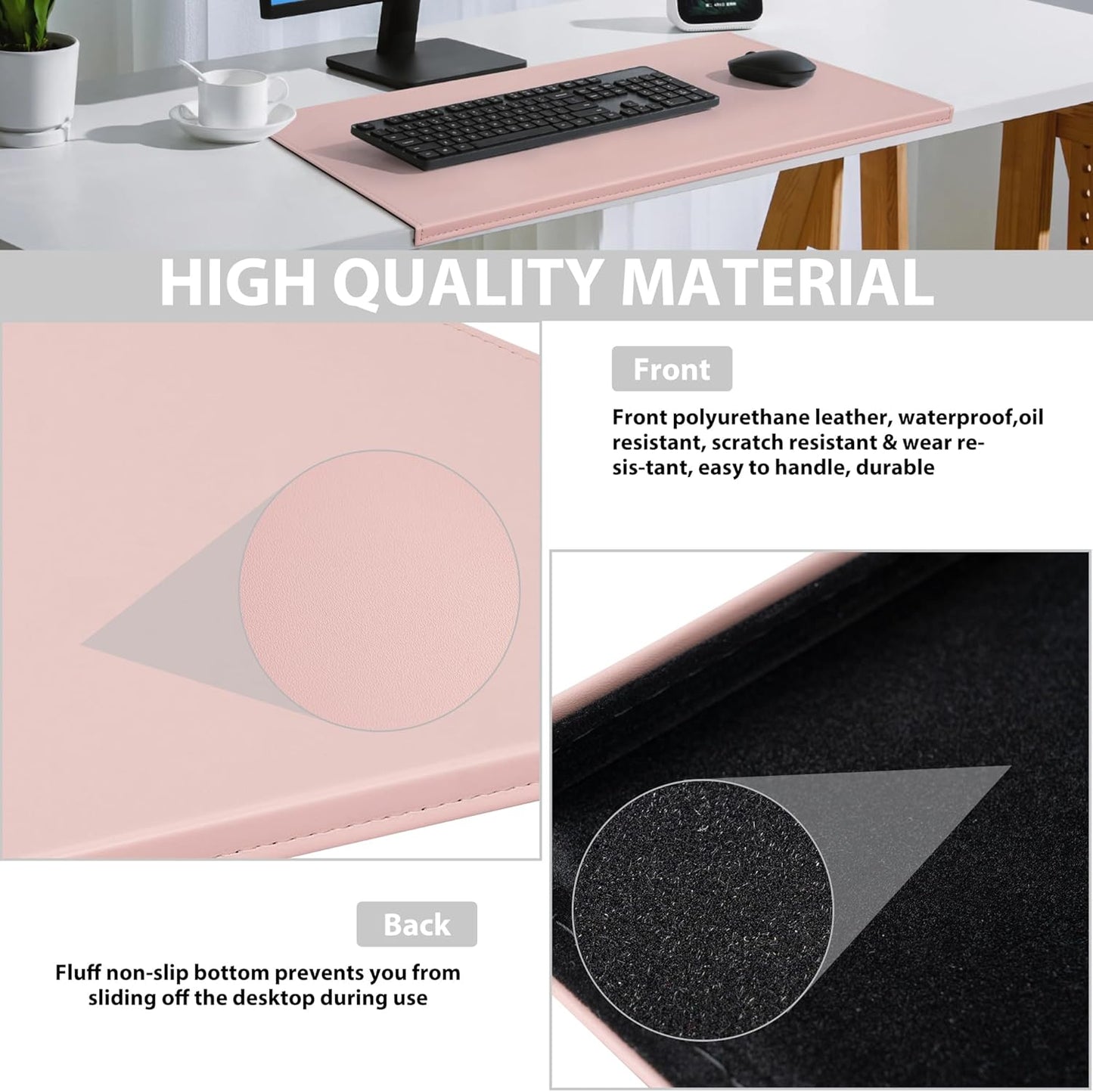 AKOZLIN 27.55”x 15.8" Soft PU Leather Surface Office Desk Mouse Mat Anti-Push Pad with Full Grip Fixation Lip Table Blotter Edge-Locked Protector Pink
