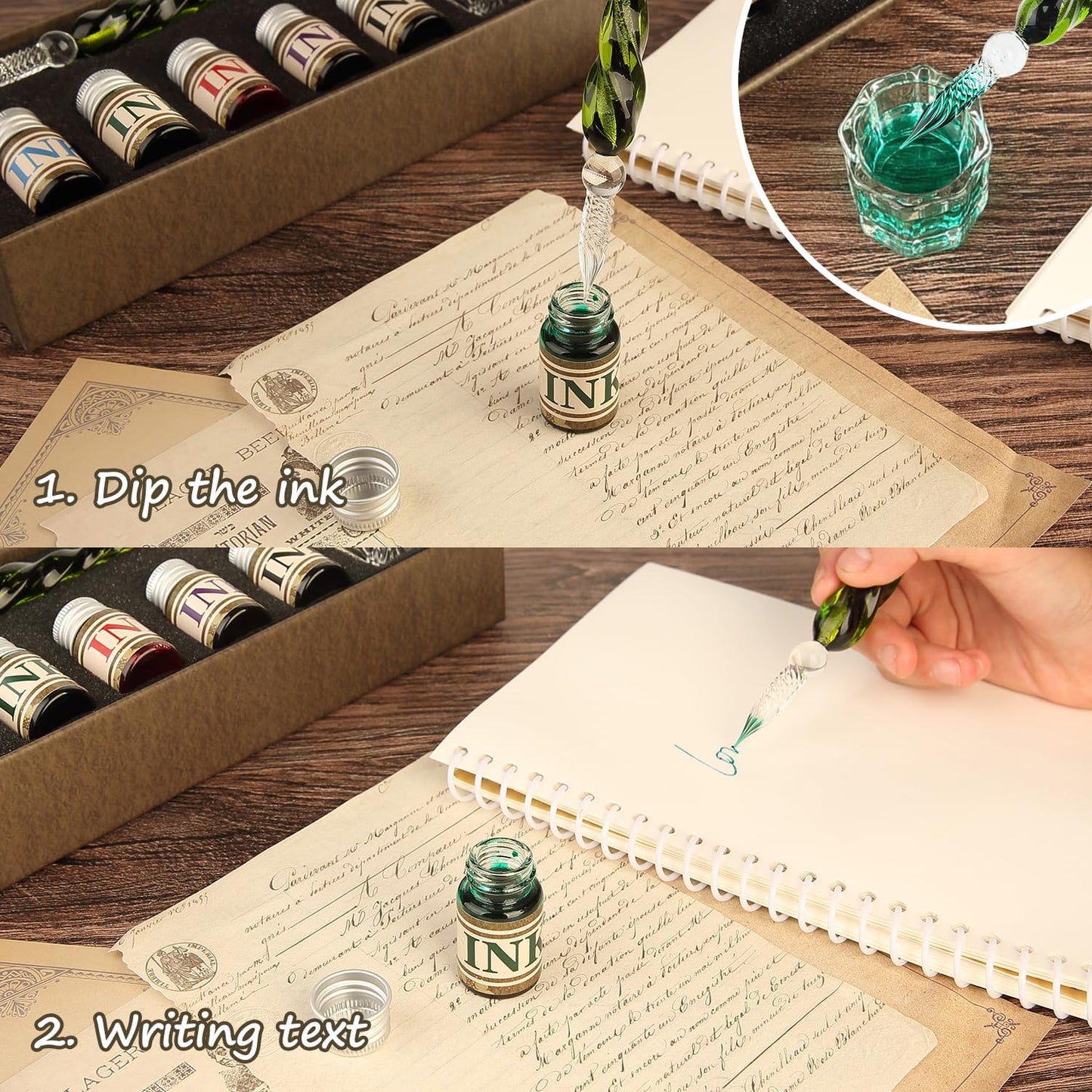 Glass Dipped Crystal Calligraphy Pen Set with 5 Colorful India Ink, 1 Pen Holder, 1 Cleaning Cup, Ink Drip Tool, Signatures, Drawing, Decoration Kits for Beginners