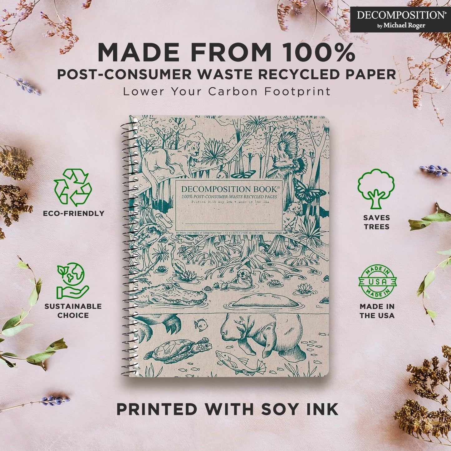 Decomposition 3-Pack Coastal Harmony College Ruled Spiral Notebook - 9.75 x 7.5 Journal, 160 Lined Pages - 100% Recycled Paper - Notebooks for School Supplies, Home & Office - Made in USA