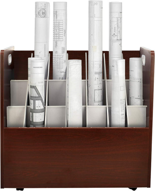 Adir Blue Print Storage Organizer - Mobile Roll File Cart, Construction Plan Holders, Blueprint Cabinet with Wheels, Roll Files Storage for Office and Home (21 Slots, Mahogany)