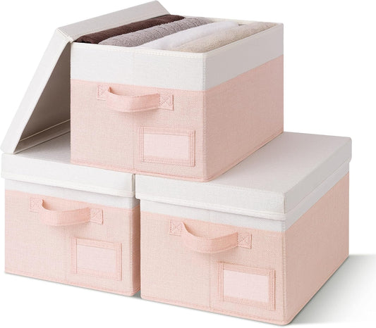 GRANNY SAYS Storage Bins with Lids, Storage Boxes for Organizing, Storage Baskets with Handles, Closet Organizers and Storage, Storage Bins for Shelves, Decorative Storage Boxes, 3-Pack, Pink&Ivory