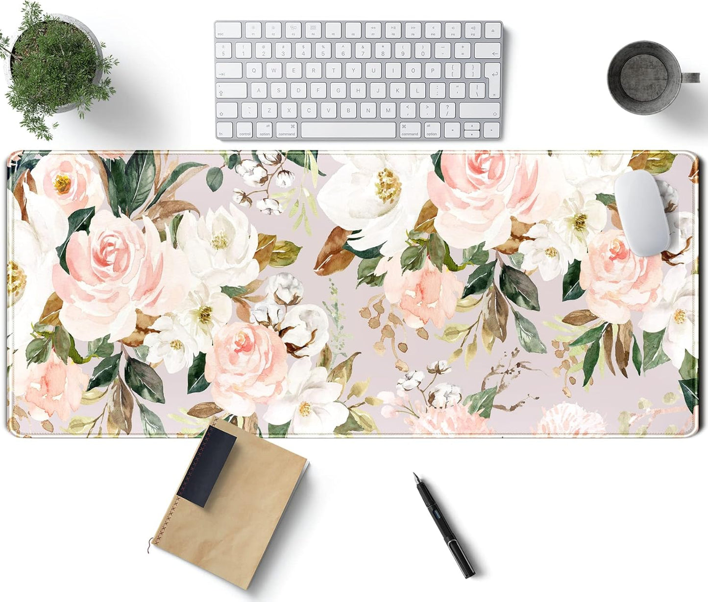 Pink Flowers Keyboard Pad PC Gaming Desk Mat Desk Mouse Pads Green Leaves Floral Mouse Pad Large, Computer XL Big Mousepad Deskpad Mat with Stitched Edge for Women Home Office Decor 31.5x11.8 in