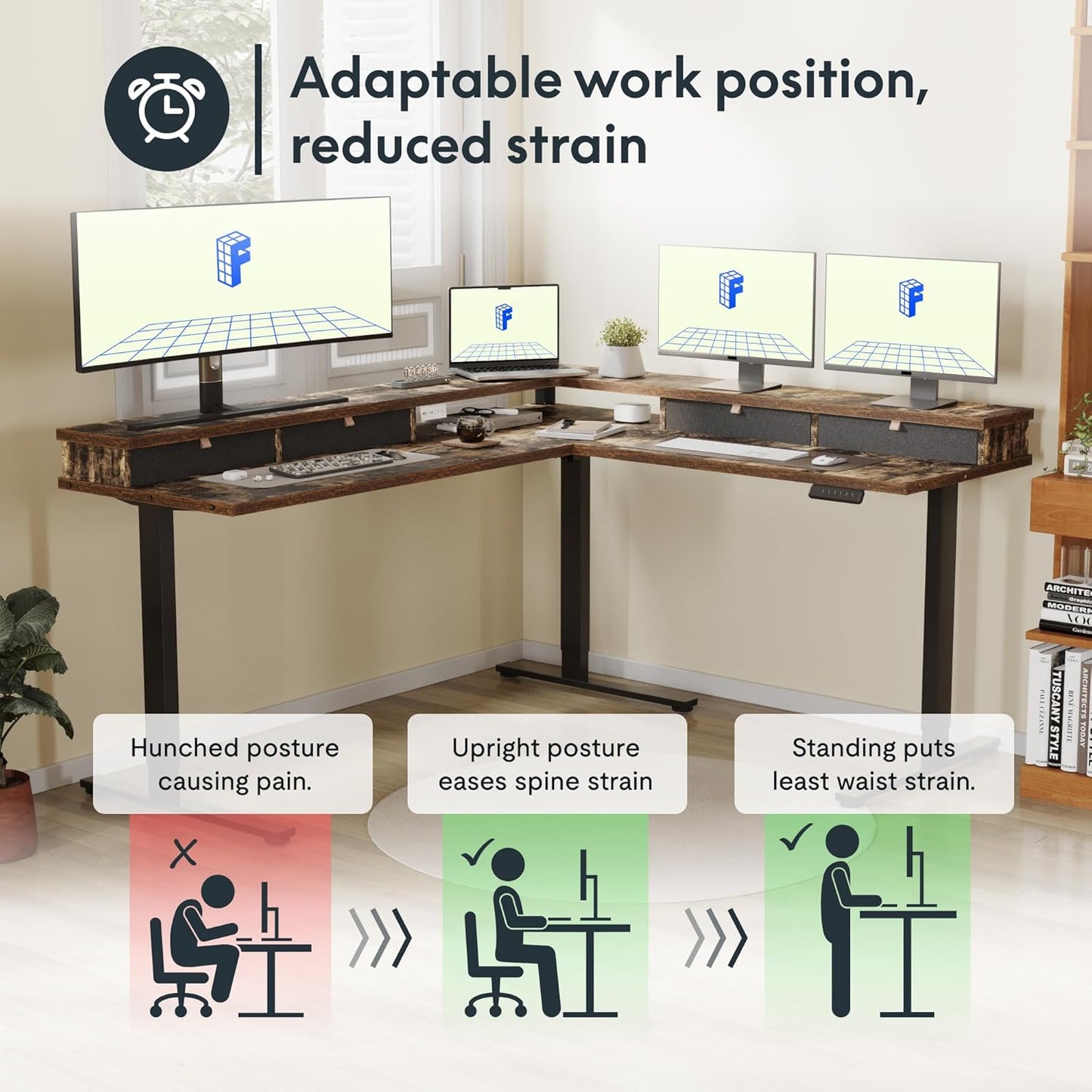 FLEXISPOT 63" L Shaped Standing Desk Electric Corner Table with Shelf, 4 Storage Drawers, Adjustable Computer Workstation for Home, Office, Game, Studio, Rustic Brown Top + Black Frame
