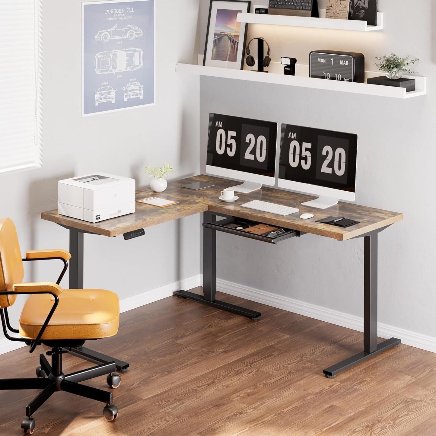 FLEXISPOT L Shaped Standing Desk, 63 x 55 Inch Electric Height Adjustable Corner Desk, Sit Stand Computer Workstation, Preset Controller, Home Office, Black Frame with Rustic Brown Top, Black Drawer