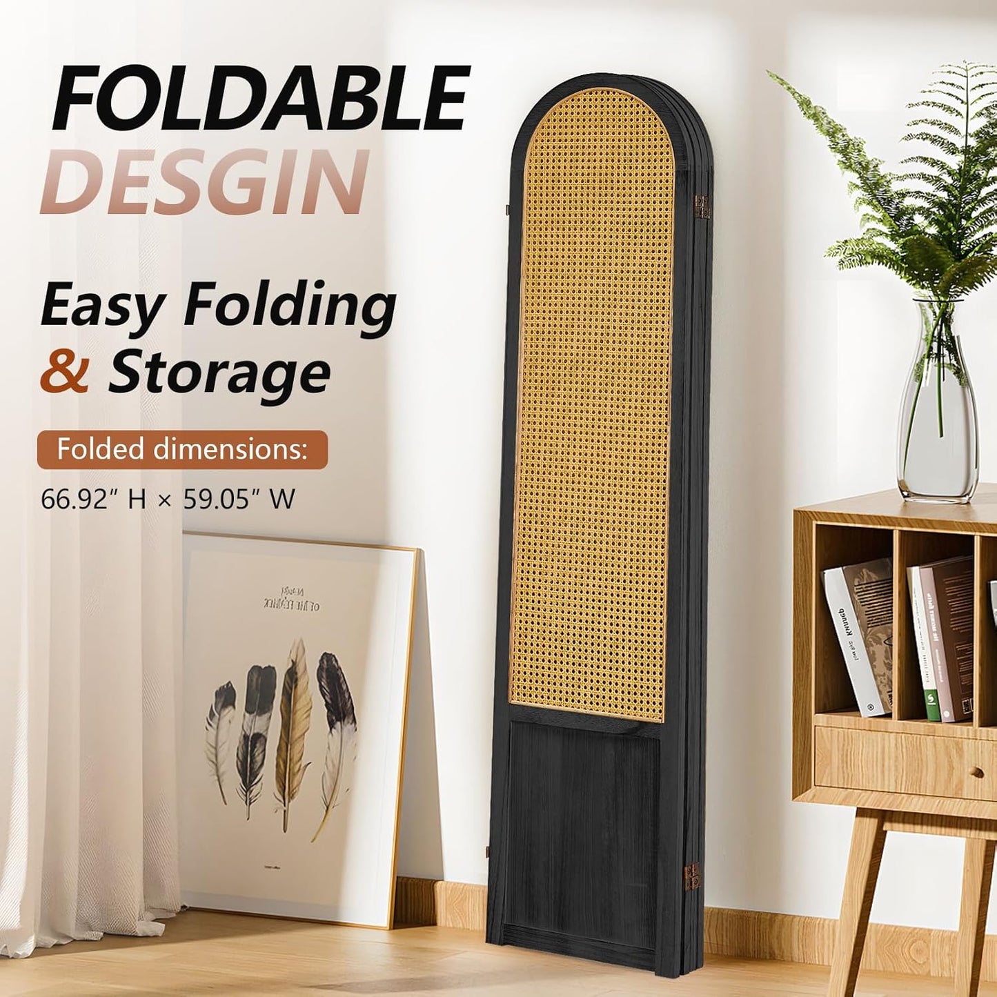 4 Panel Room Divider and Folding Privacy Screen, 5.6 Ft Foldable Double Hinged Rattan Partition, Hand-Woven Rattan Room Divider Portable Wood Freestanding Wall Divider for Room Separation - Black