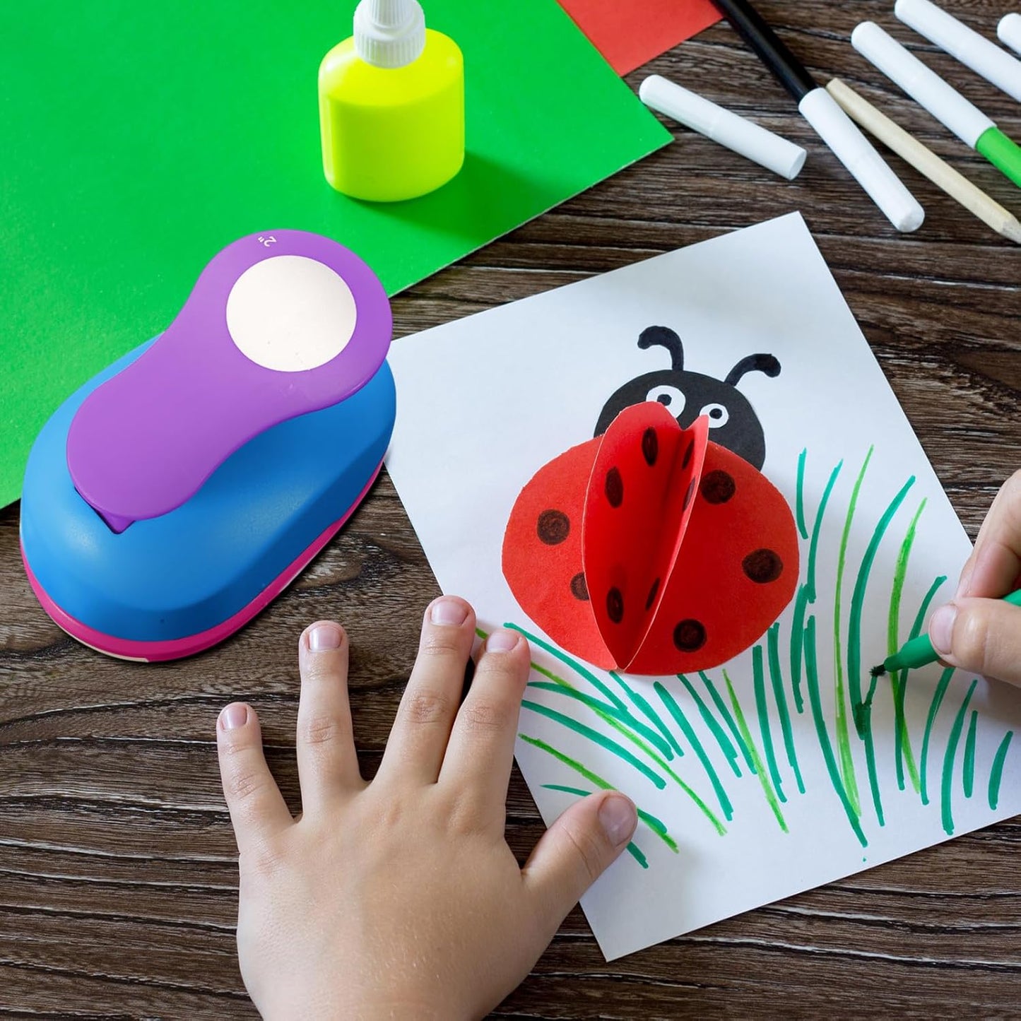 CHENGU 16 Pcs Craft Holes Punch Paper Punchers Scrapbook Punches with Craft Sticker Paper, Round, Star, Square, Heart, Flower, Wave Circle Shape (Flower Style,2 Inch)