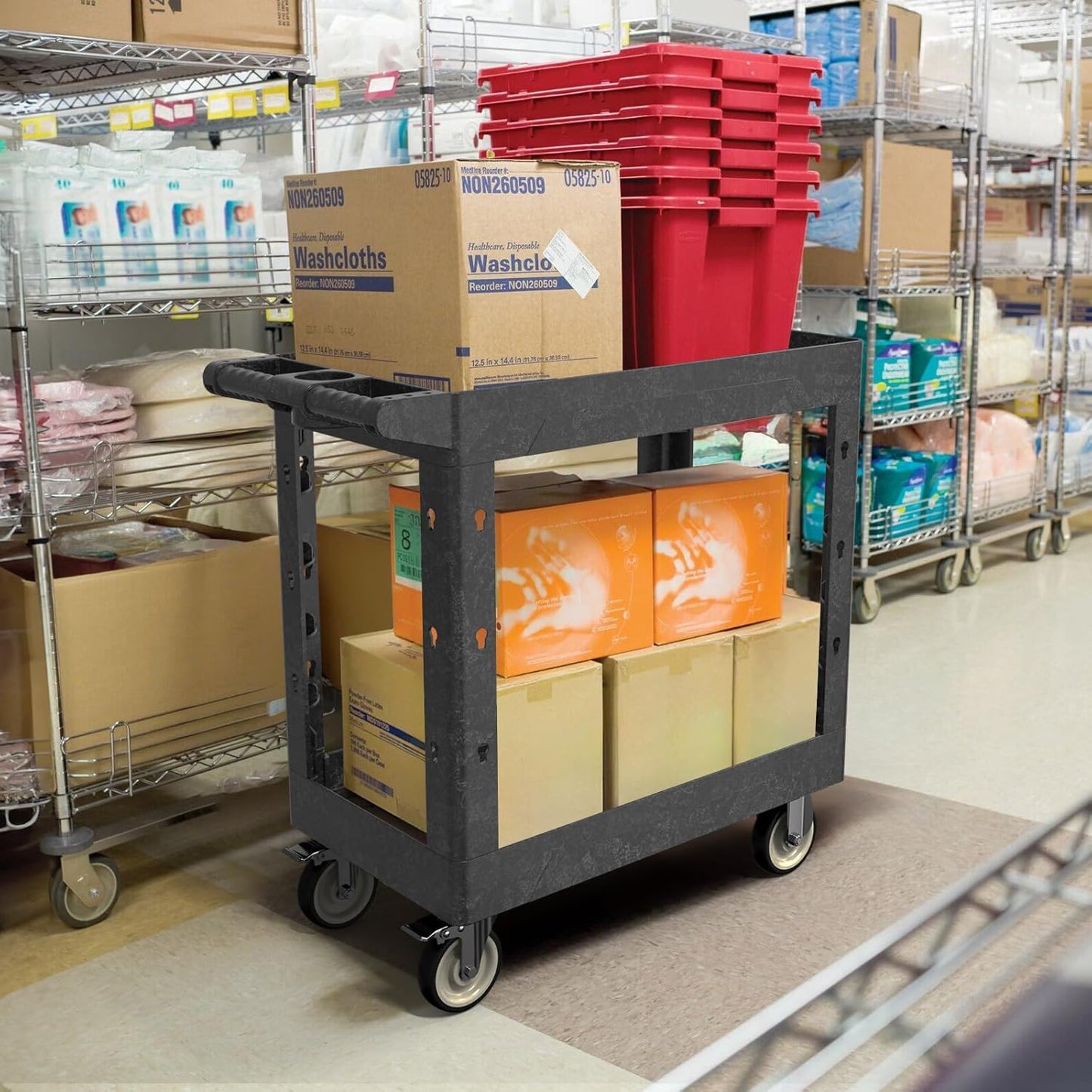 Utility Cart on Wheels, 1000 lbs Capacity Rolling Service Cart, 34 x 17 Inch Work Carts, 2 Shelf Heavy Duty Plastic Tool Cart, Lipped Shelves, for Warehouse, Garage, Cleaning, Black