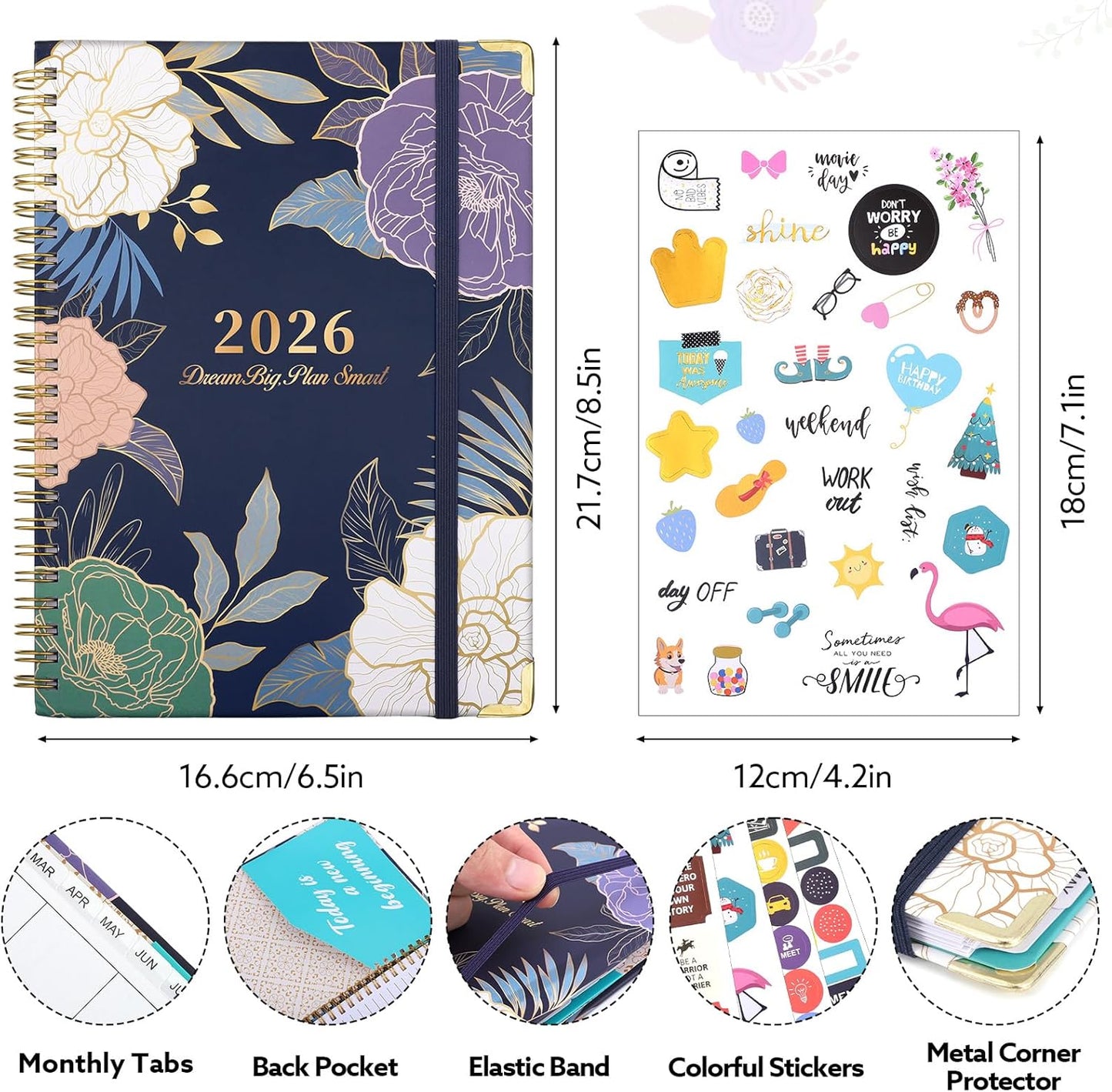 2026 Planner, Weekly and Monthly Planner, January 2026 - December 2026, Calendar Planner A5 (6.5" x 8.5") with Tabs, Inner Pocket for Home School Office Supplies, Blue Flower