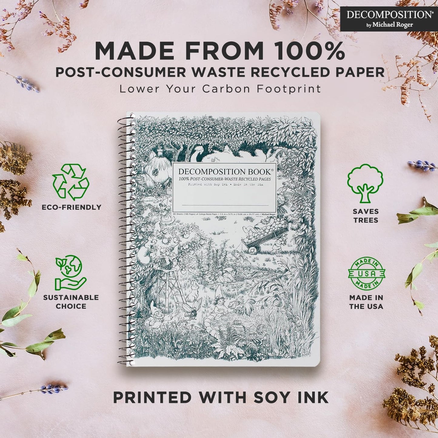 Decomposition 3-Pack Whimsical Garden College Ruled Spiral Notebook - 9.75 x 7.5 Journal, 160 Lined Pages - 100% Recycled Paper - Notebooks for School Supplies, Home & Office - Made in USA