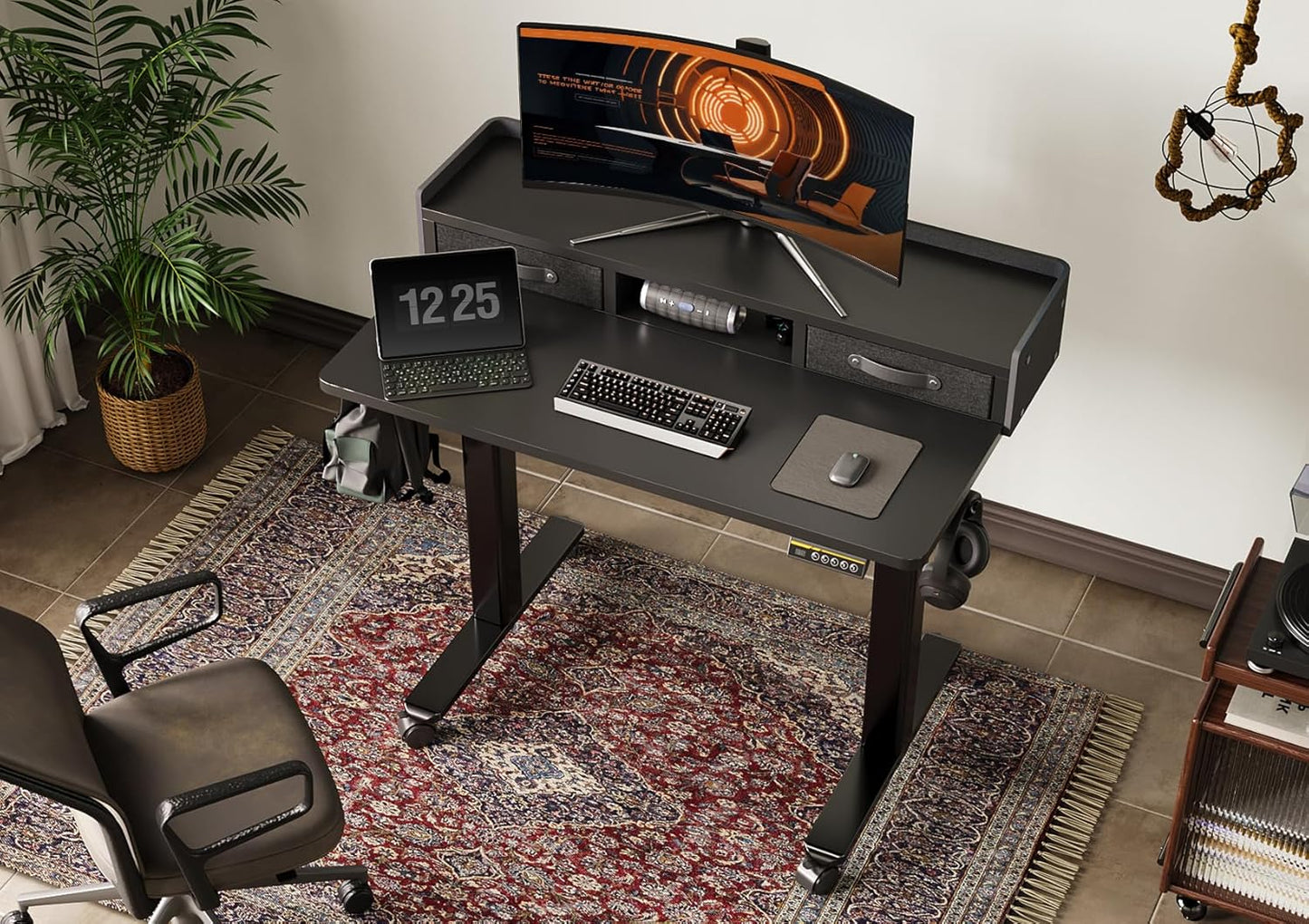 Claiks Standing Desk with Drawers, Adjustable Stand Up Electric Small Standing Desk Adjustable Height with Storage Shelf and Splice Board, 40 Inch, Black