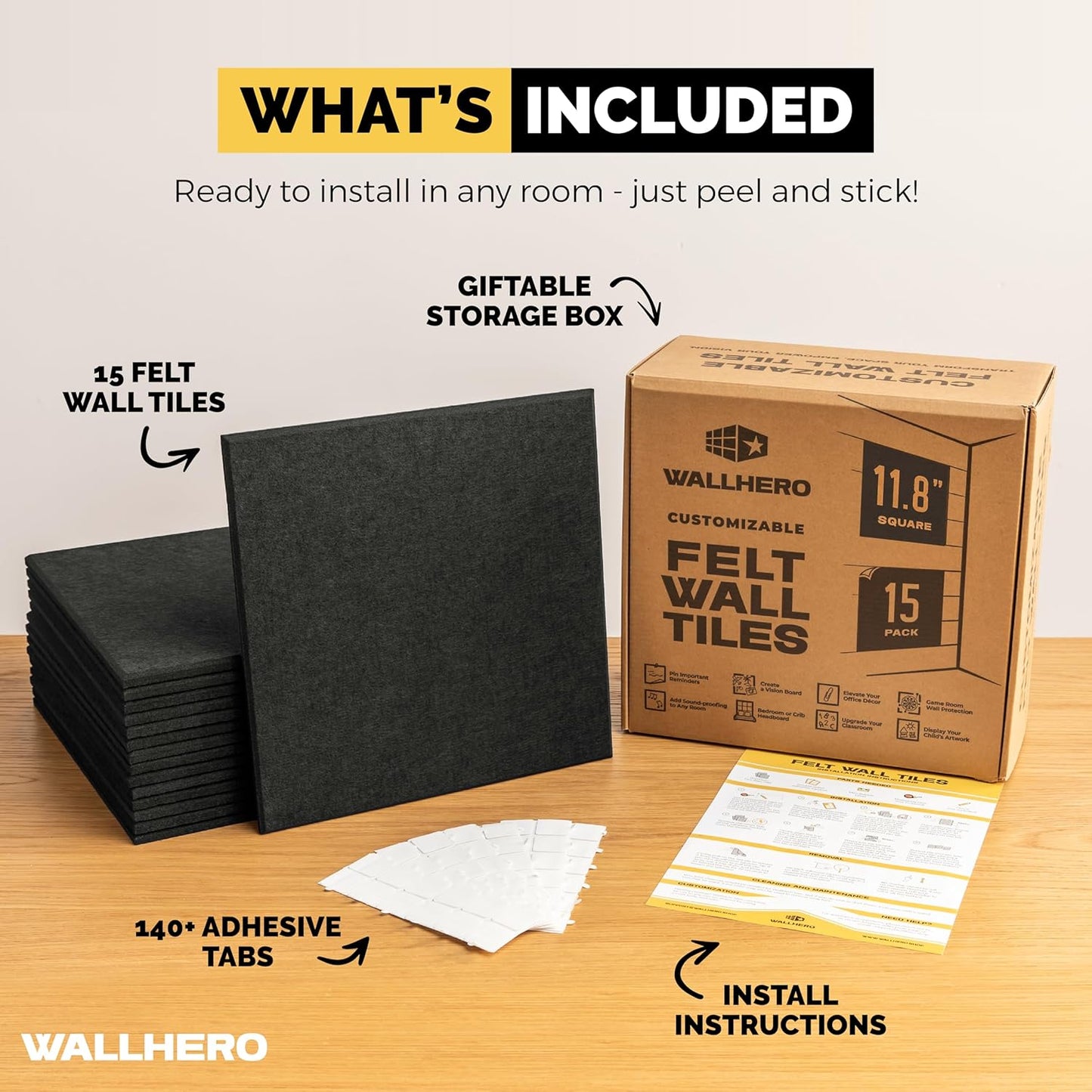 Large Cork Board for Wall 59" x 36", Black Bulletin Board | 15 Pack Felt Wall Tiles | Cork Boards for Office Pin Board Tack Board Cork Boards