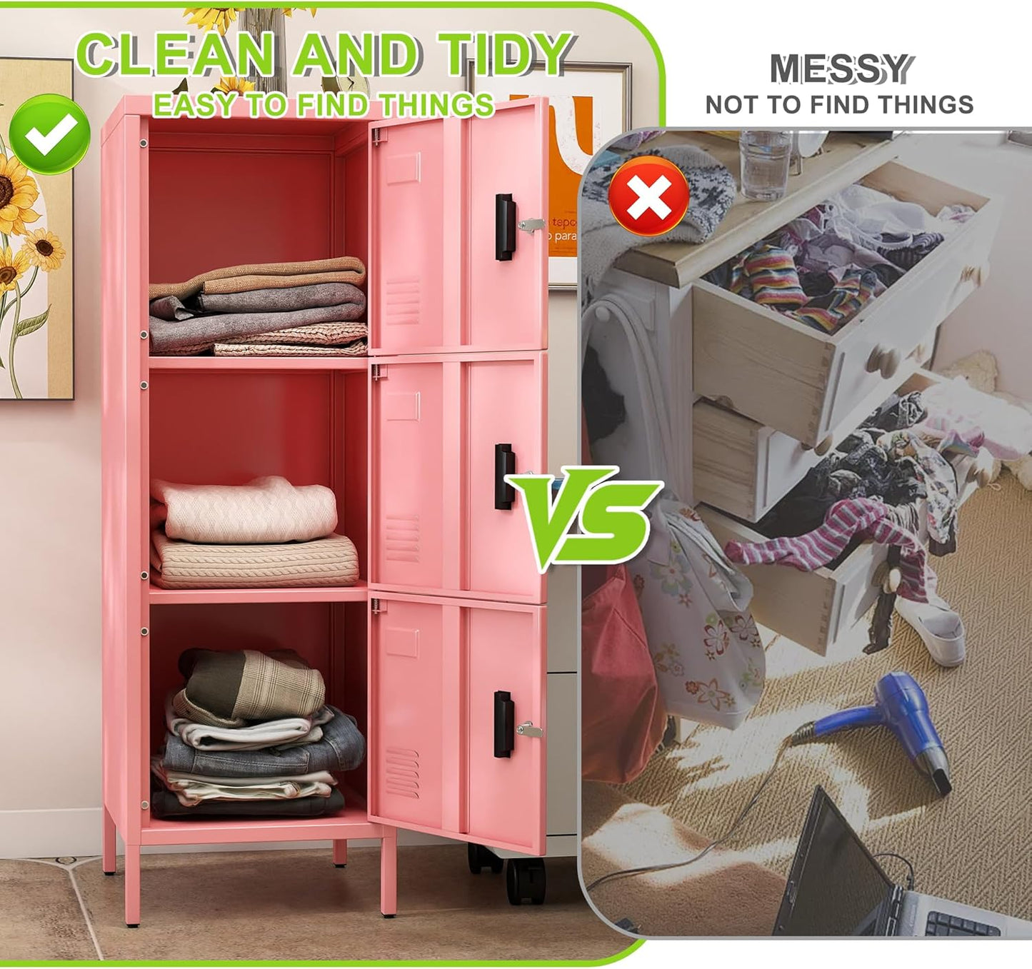 Aobabo 16" W 3 Door Metal Storage Locker with Lock, 47" H Steel Locker with Name Card Holder and Metal Leg for School, Home, Office, Playroom, Assembly Required, Pink