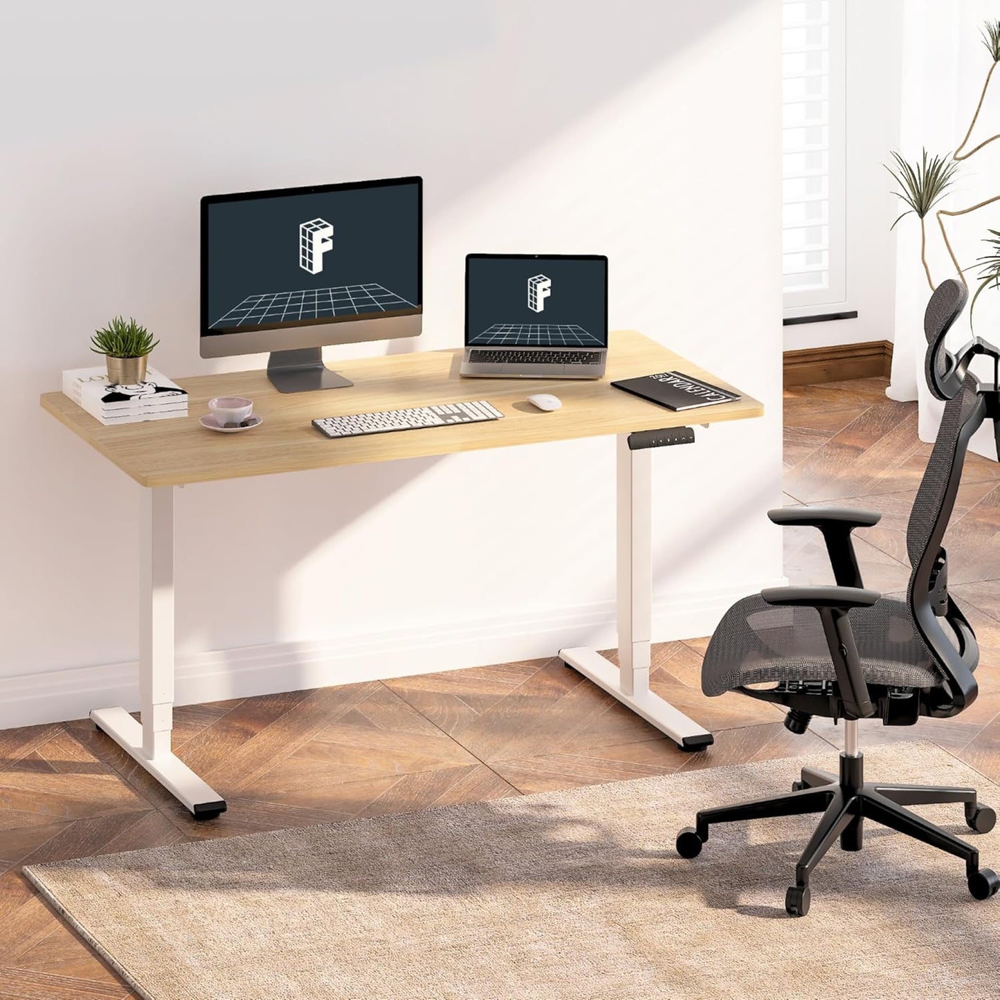 FLEXISPOT E6 Essential Standing Desk 3 Stages Dual Motor Electric 60x24 Inch Whole-Piece Board Height Adjustable Electric Sit Stand Desk(White Frame + Maple Desktop, 2 Packages)