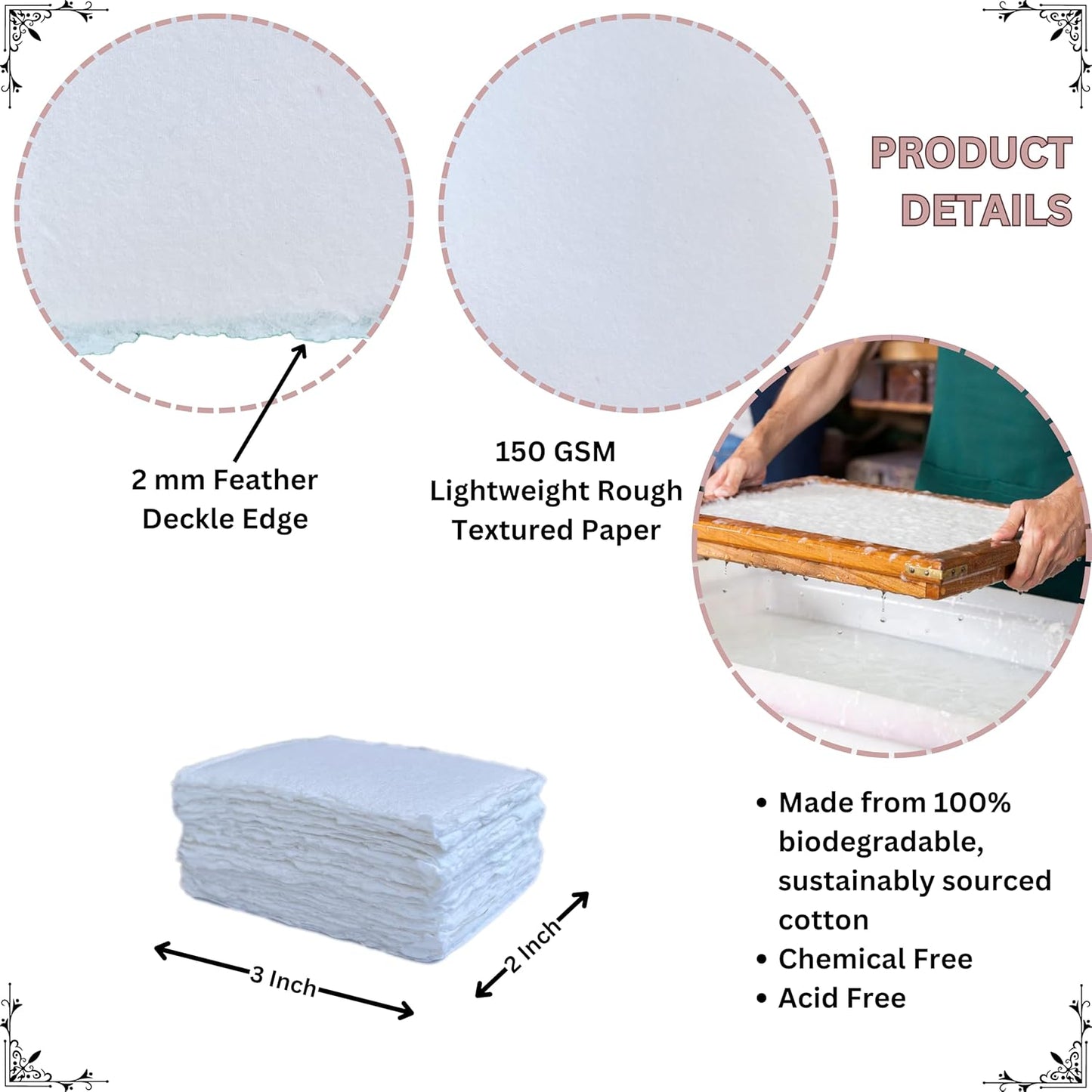 Handmade Deckle Edge Blank Paper - Mixed Media Loose Leaf Paper for Placecard/Escort Cards , Place Cards, Vow Cards, Business Card - White Color - Package of 50 - Thick 150 GSM - 2 x 3"