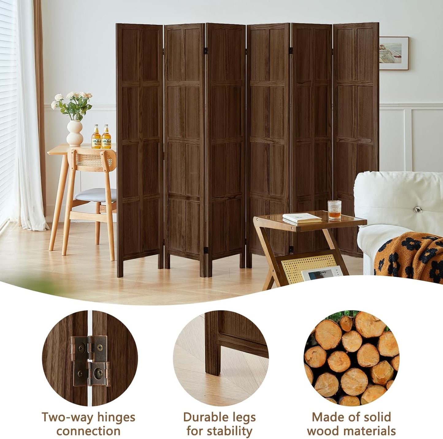 6 Panel Room Divider, 5.6Ft Wood Room Dividers and Folding Privacy Screens, Room Divider Wall Freestanding Room Partitions, Room Dividers Screen for Home Office Restaurant Bedroom, Dark Brown