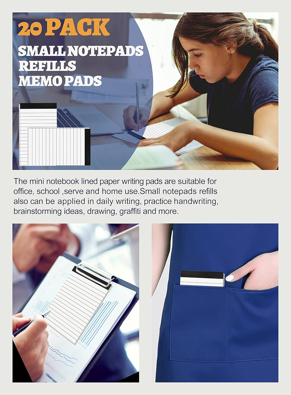 20 Pack Small Notepads Refills Memo Pads 3 x 5 Inch Lined Writing Note Pads with 30 Sheets Note Pad Paper in Each Pad Mini Pocket Notebook Refills for Taking Notes and Reminders Organization Planning