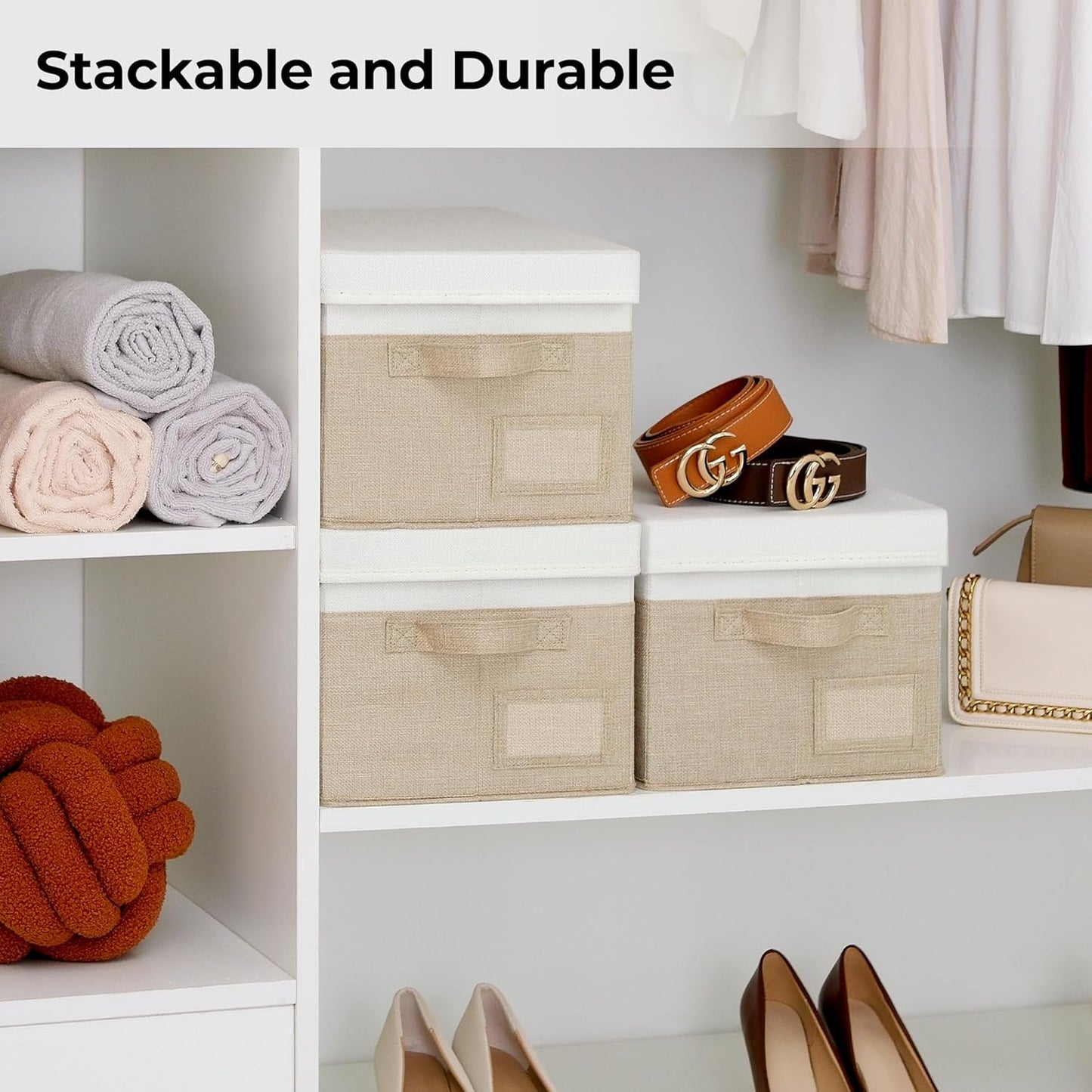 GRANNY SAYS Storage Basket with Lid, Linen Fabric Storage Bins for Shelves, Decorative Storage Boxes, Clothes Storage and Organization, Memory Keepsake Box, 3-Pack, Khaki&Ivory