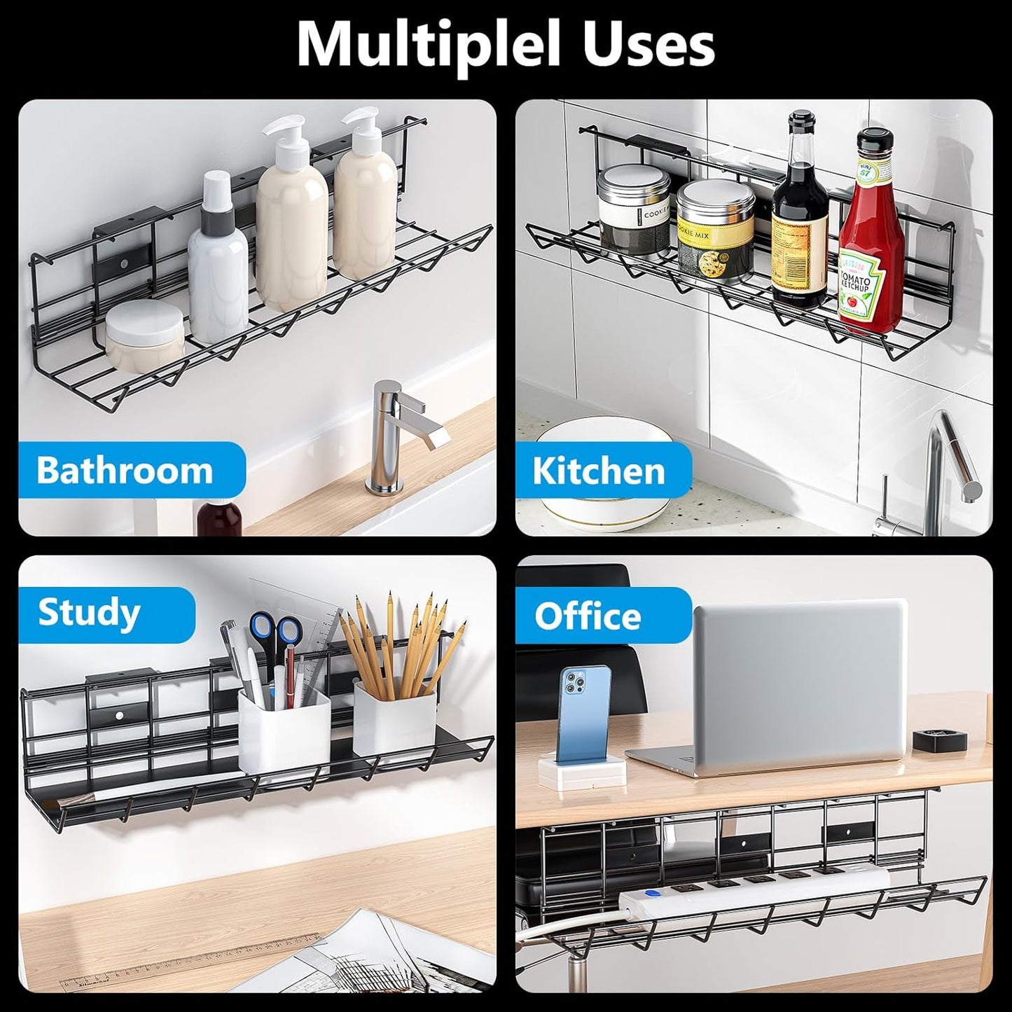2 Pack DELAMU Under Desk Cable Management Tray, Metal Cord Cable Organizer for Desk, Easy Install Pre-drilled Wire Management Wire Organizer for Office & Home